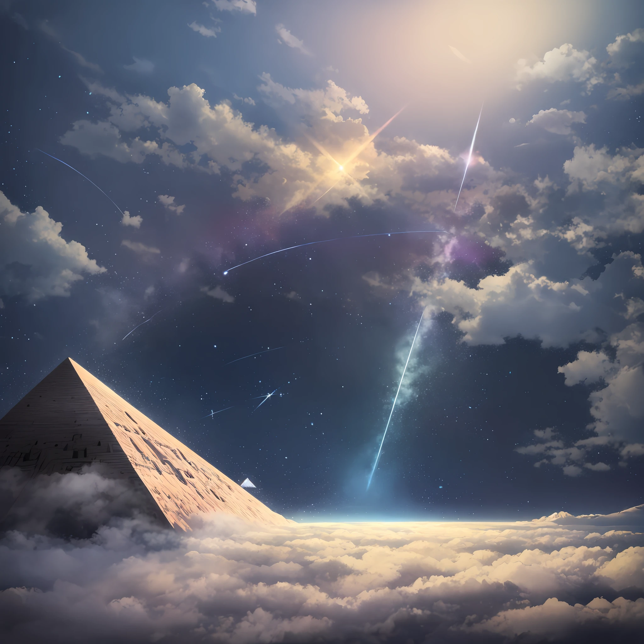 Evolved spiritual city, world of peace, the image shows a landscape with a single large Pyramid, with smooth faces without drawings and in the color of white alabaster, with the small cornerstone of the apex of the top in gold color. The pyramid is on the horizon amid a daytime landscape under the sunlight, horizon full of mountains, fog and green forest. Drawing of a thin tube of violet light, coming from the universe, vertically, touching the cornerstone --auto --s2