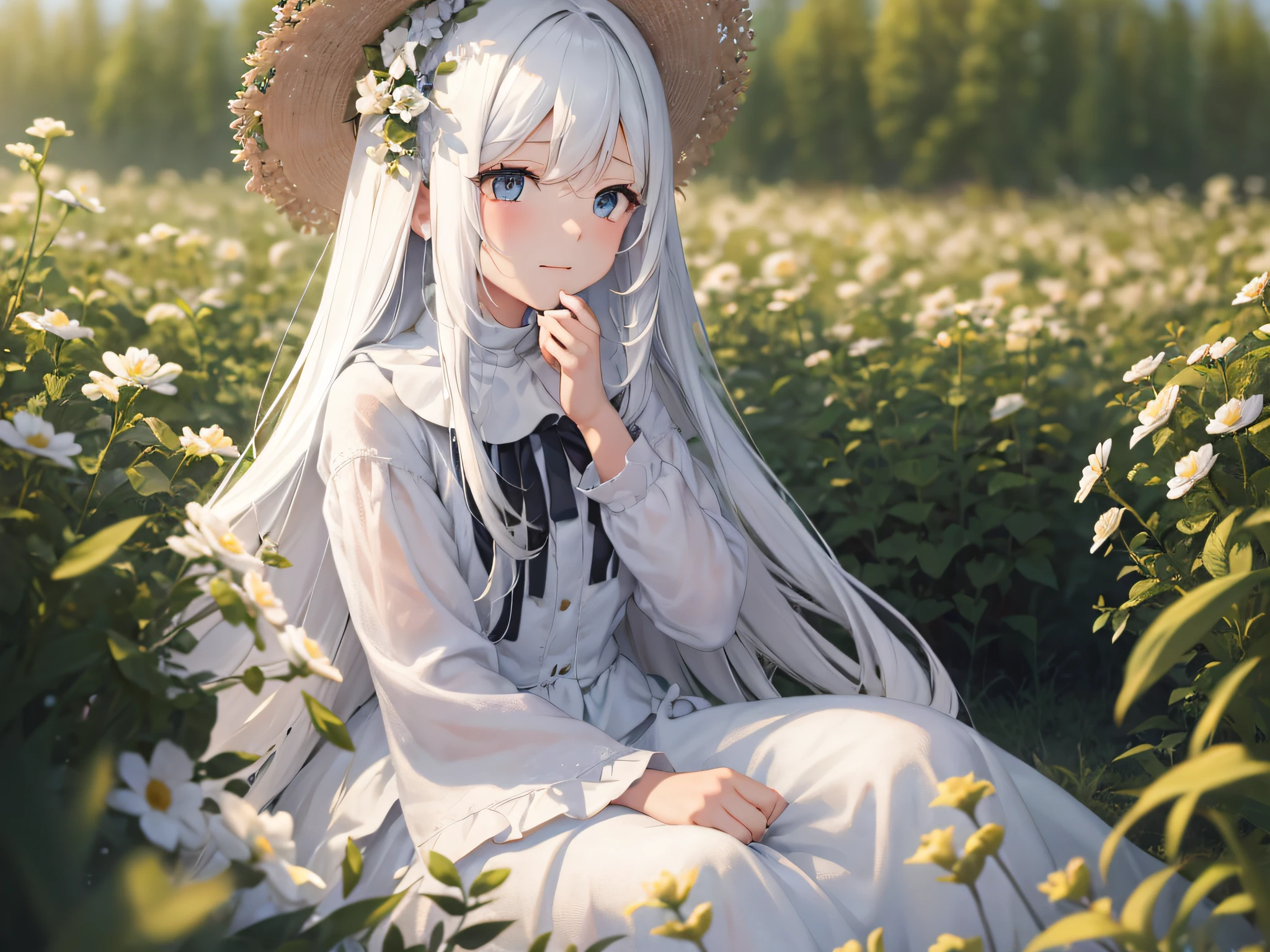 1 girl with long white hair sits in a field of green plants and flowers, puts her hands under her chin, warm lights, white dress, blurry foreground