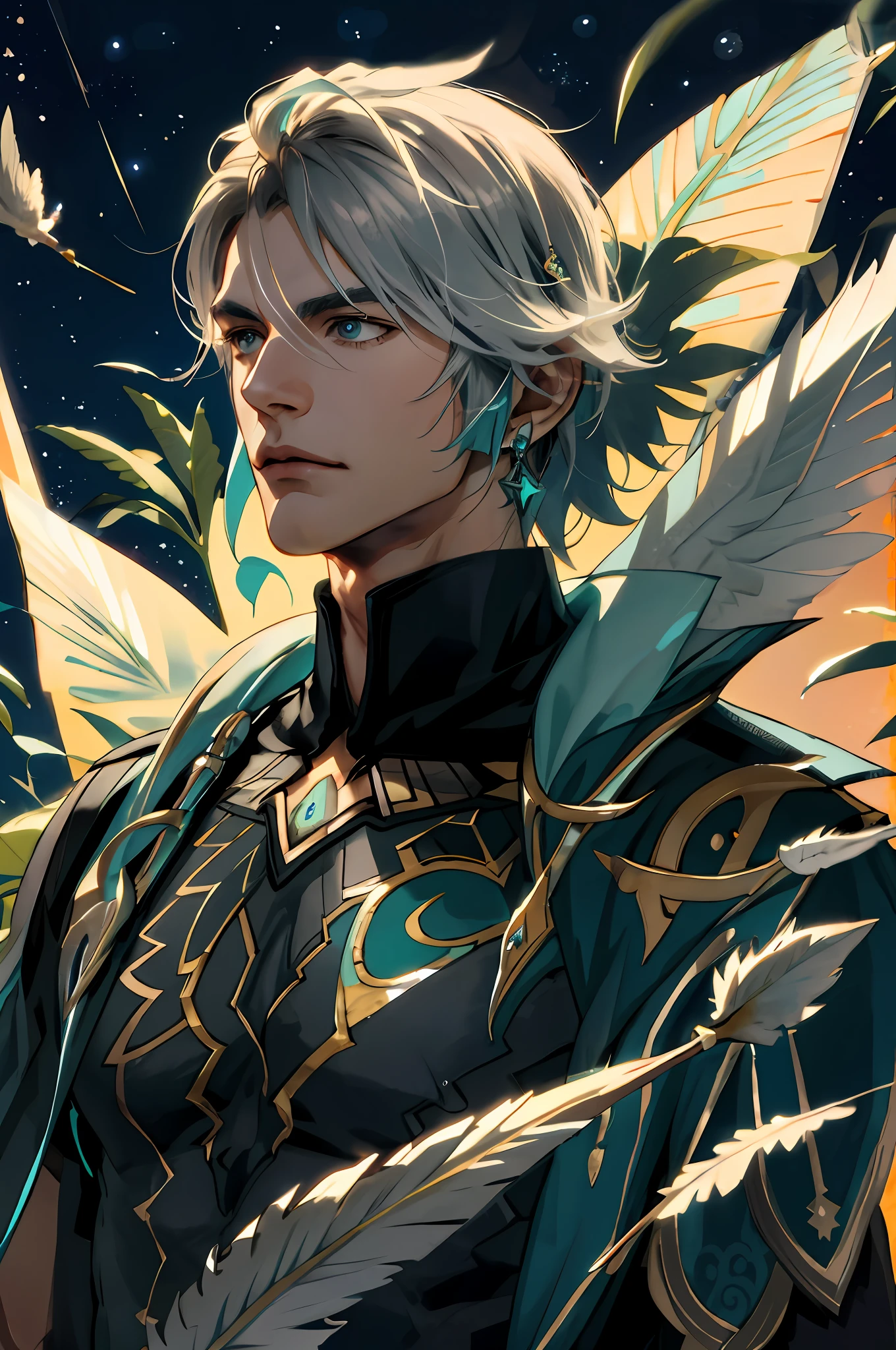 extremely delicate and beautiful, Amazing, finely detail, masterpiece, ultra-detailed, highres,best illustration, best shadow,intricate,sharp focus, high quality, 1 male solo, mature, handsome, tall muscular guy, broad shoulders, grey hair. dark teal eyes, alhaitham genshin impact, holding his pet falcon bird, falcon bird in his hands, falcon feathers on background, falcon feather in front of him, backlight, night sky and stars, black sleeveless top, separate sleeves