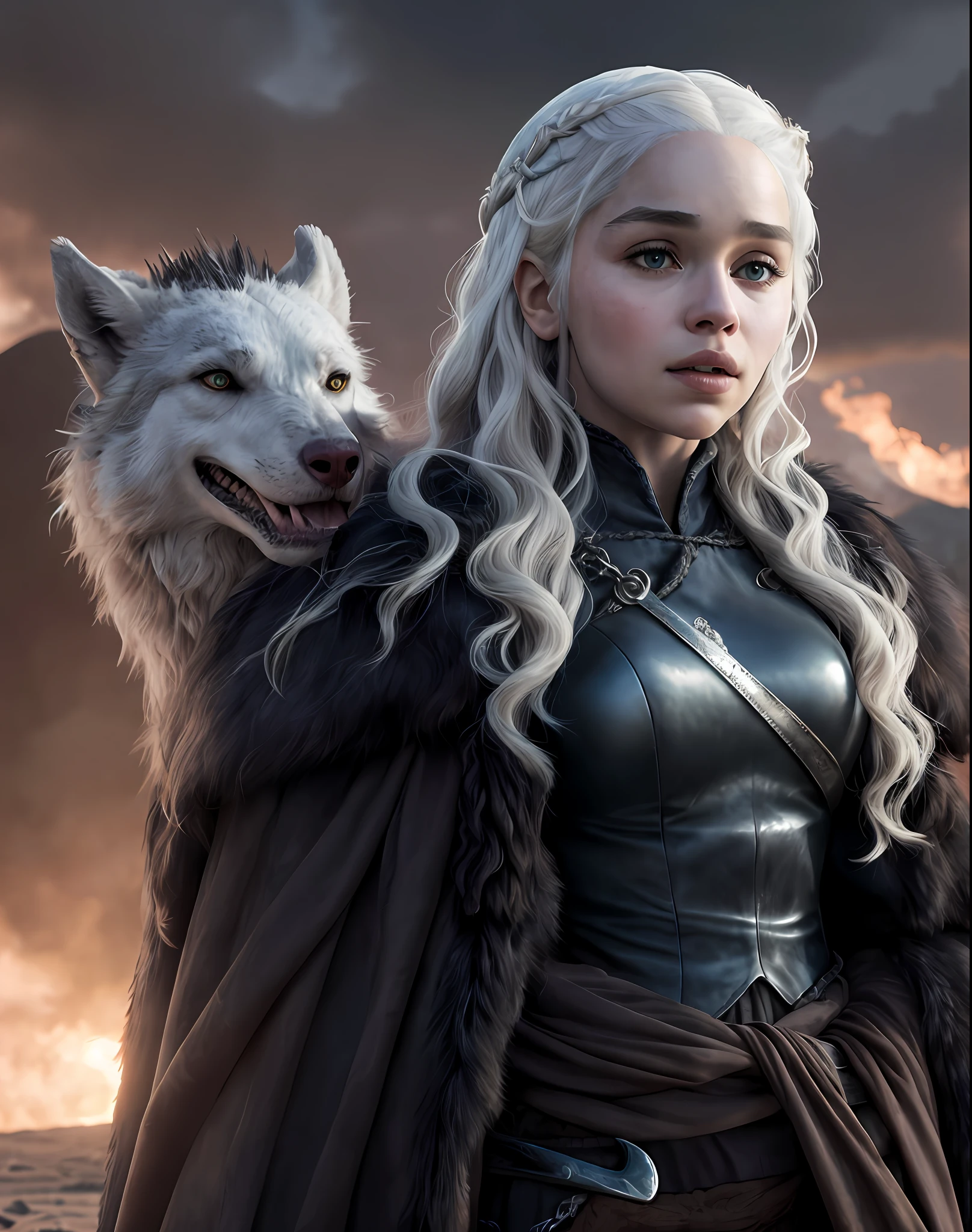Daenerys with John Snow's Dragons and Wolves