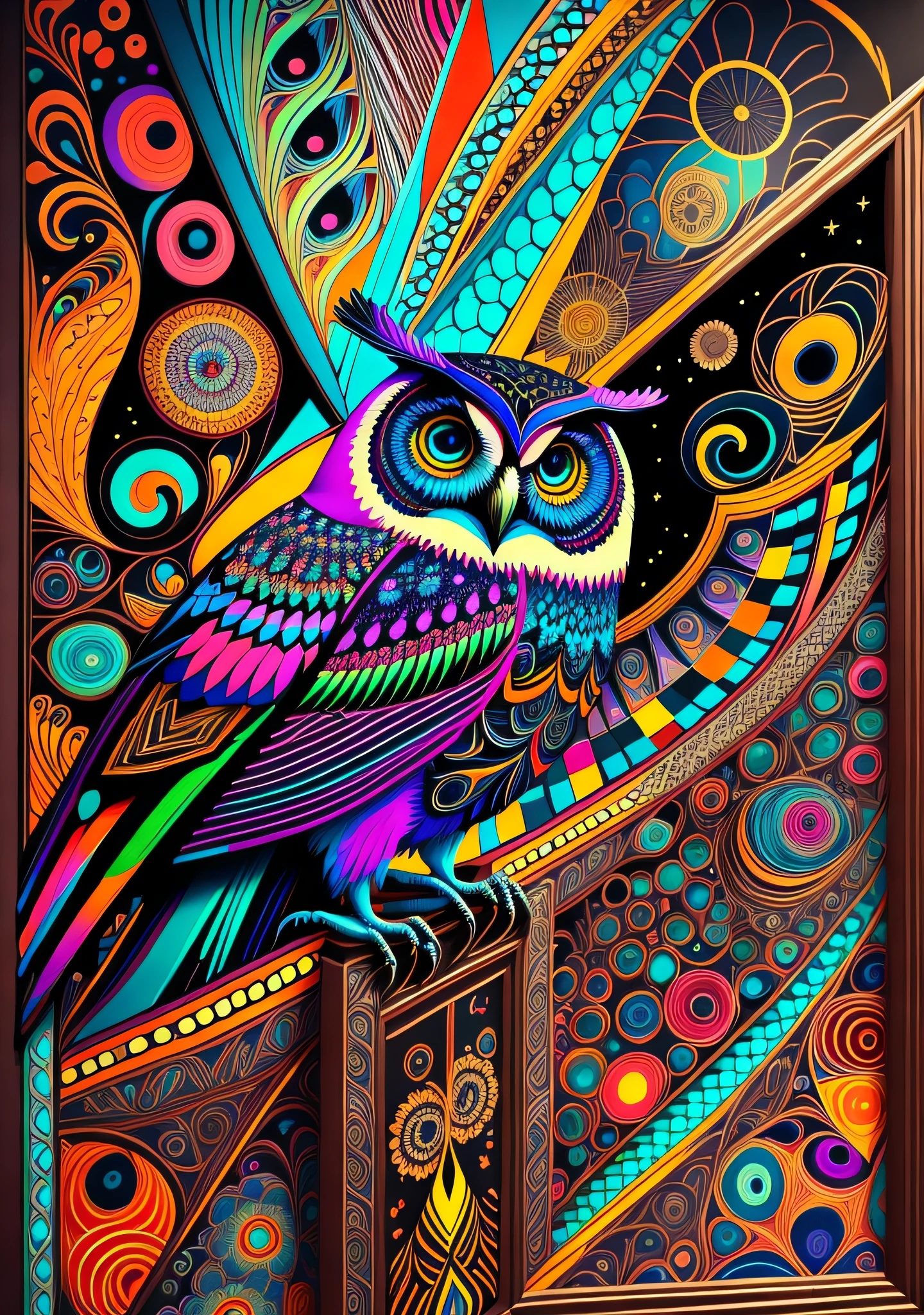 A modern and elegant vertical frame, finished in matte black, featuring a captivating and vibrant psychedelic owl painting. The art of the owl is exquisitely designed with vivid colors, intricate patterns and mesmerizing details. The painting is leaning against the back of the frame, creating a dynamic and casual display. The combination of the vertical frame and the psychedelic art of the owl add a touch of artistic fascination to any space. --auto --s2