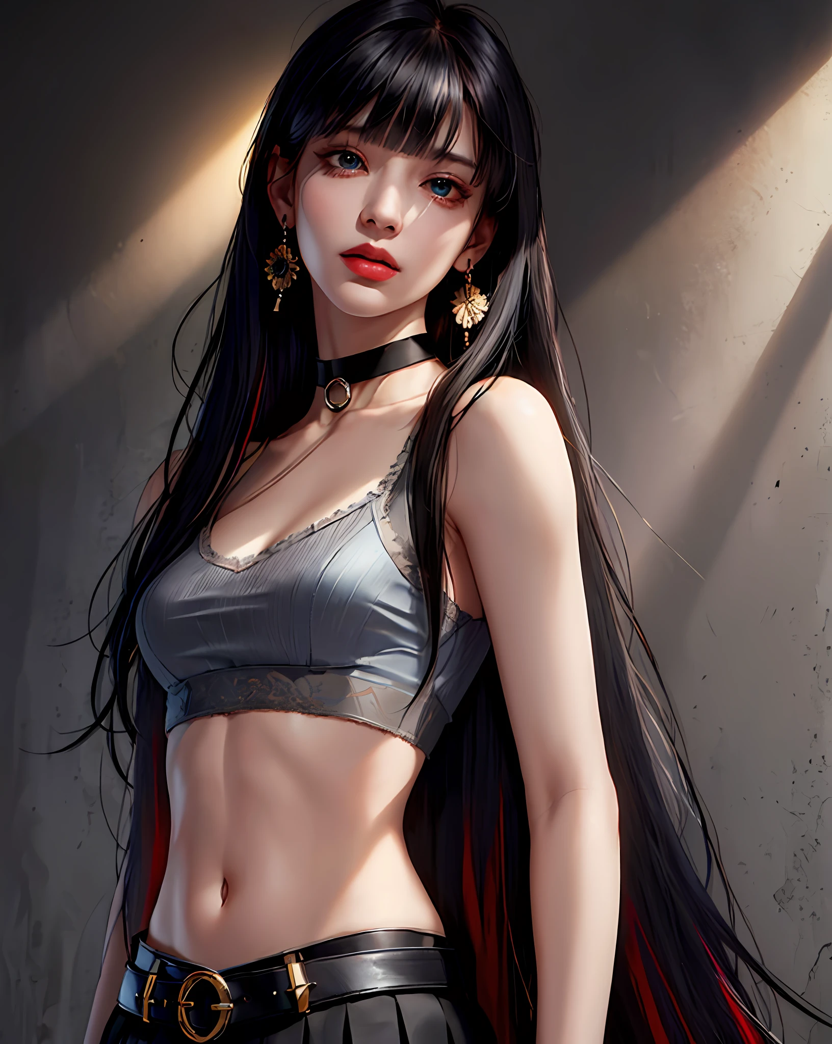 (masterpiece, best quality, 1girl, solo, intricate details, chromatic aberration), (realistic),(skin), ((breath)),(black hair,blunt bangs),detailed hair, red head ornament, blue highlights, hair over one eye,black eyes, small earrings, sharp eyes, choker,((black crop top )),(black skirt),(belt),open waist,(symmetry eyes),(perfect symmetrical body), night,(((natural light))),backlighting,against grey  wall, dim lighting ,look at viewer,((centered shot, from front,(face and waist)))