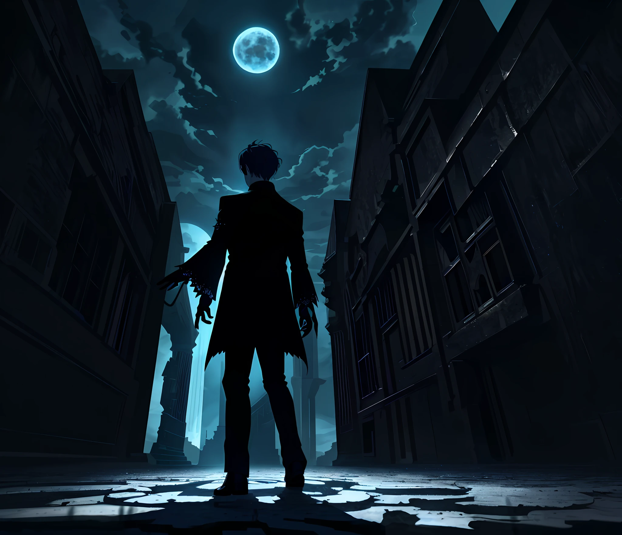 (Gothic art, UHD, high details) a man standing on his back alone, in the center of a deserted landscape, surrounded by shadows and twisted, he admires the intense blue moon that dominates the sky, filling it with its unreal glow