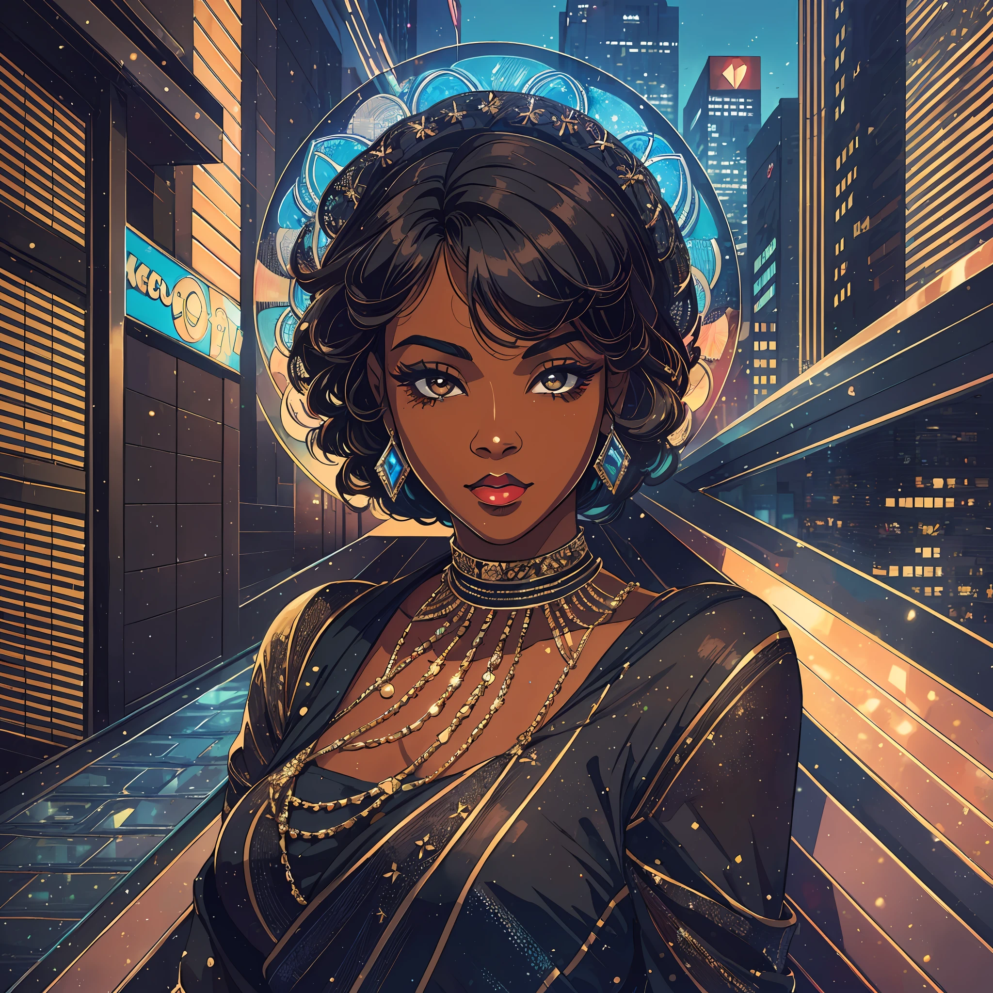(a young woman:1.2)| (a girl:1.1), dark skin, portrait, makeup, super detailed, Art Deco style, city, direct look, contoured.