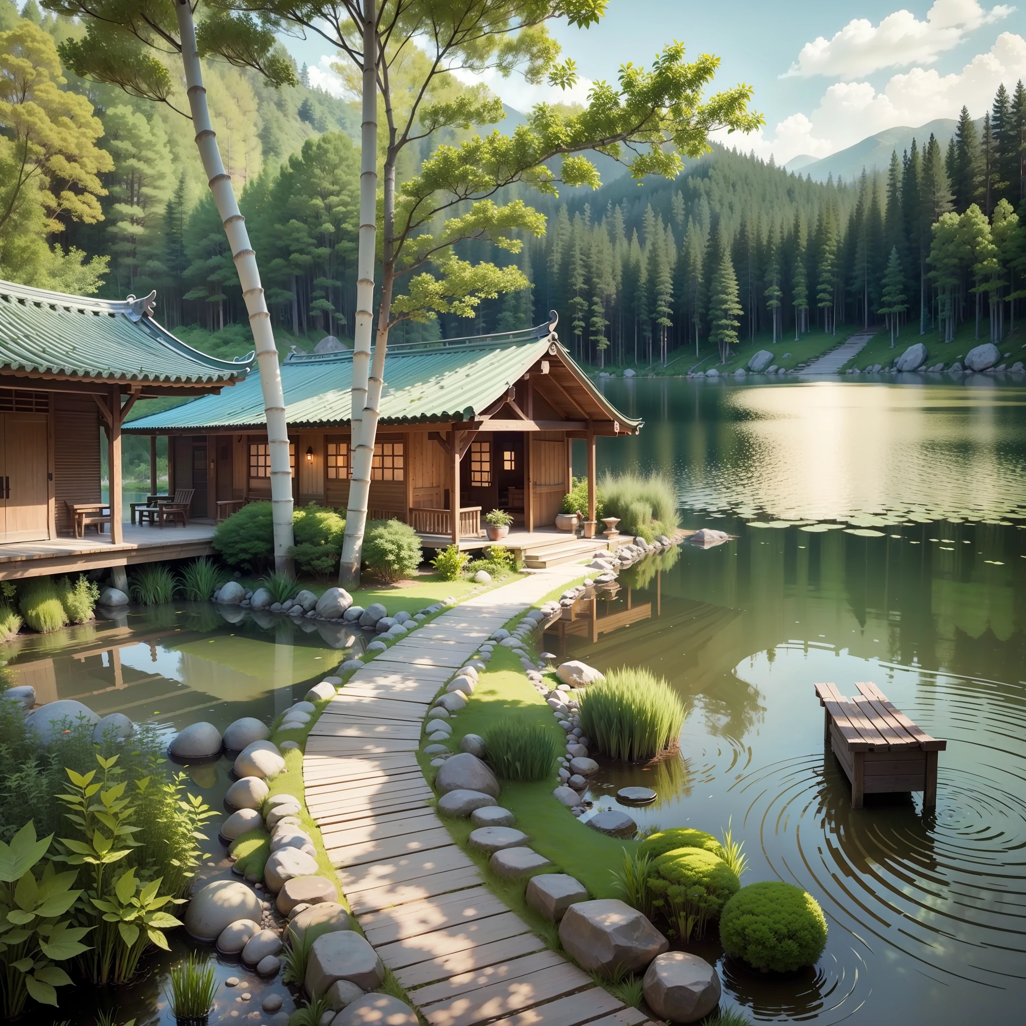 Create a wooden house wallpaper, with lake and with lucky bamboo around the lake. White stone path at the entrance of the house --auto --s2