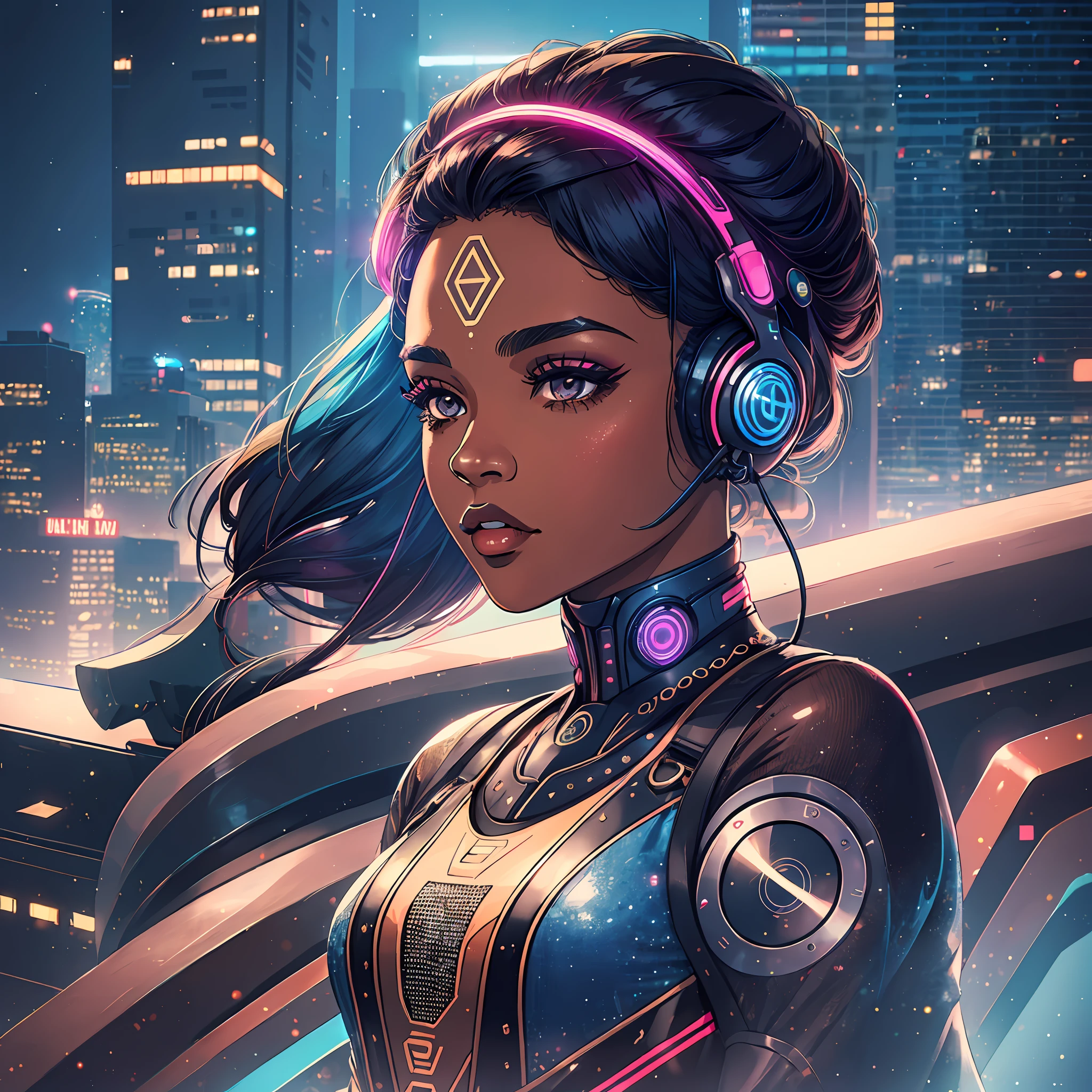 (a young woman:1.2)| (a girl:1.1), dark skin, portrait, makeup, super detailed, Retrofuturism style, headset, city, direct look, contoured.