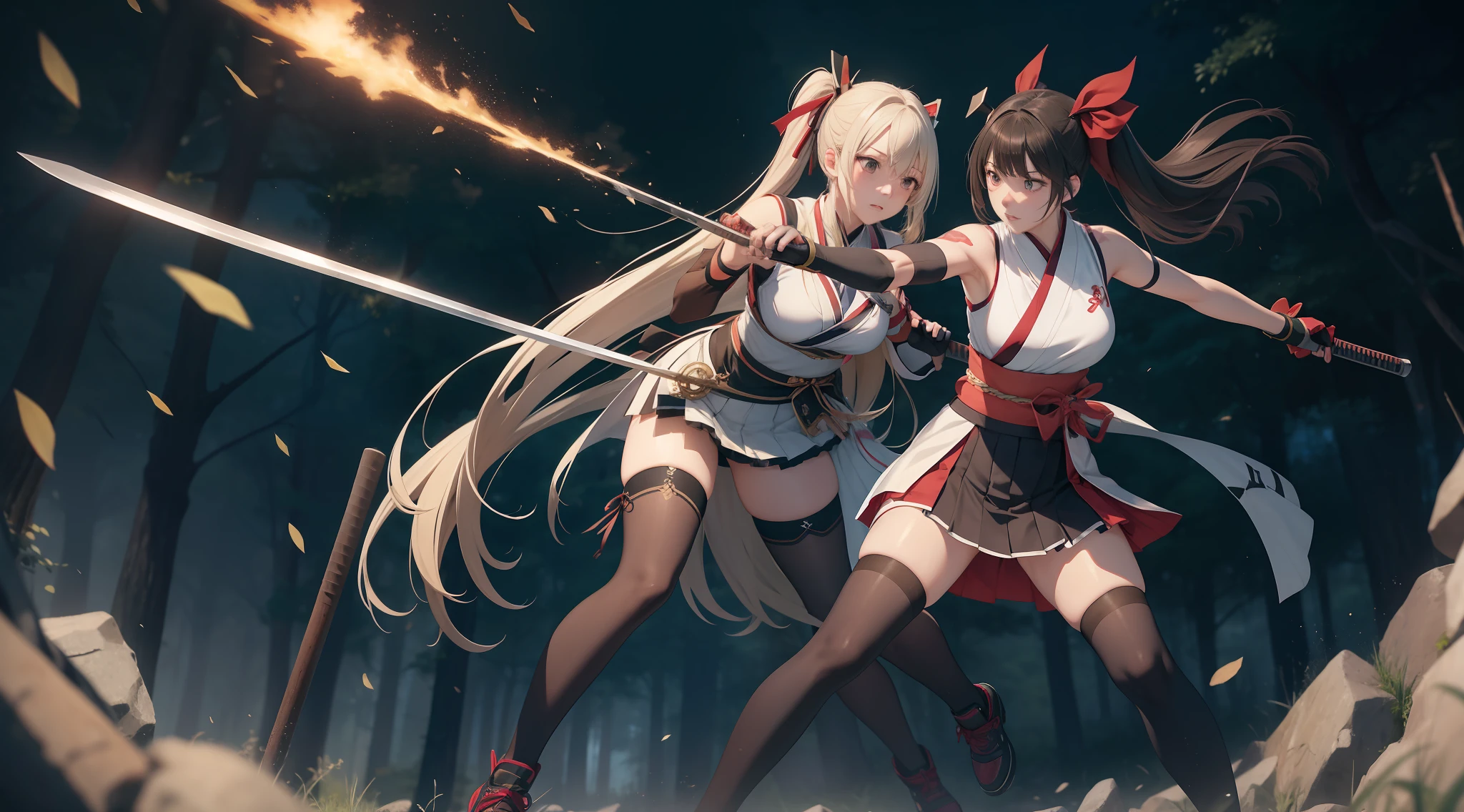 Full body shot from head to feet, two adult female character from Dead or Alive. A thrilling and intense masterpiece depicting a deadly duel between Kokoro versus Hitomi, both expert swordswomen, with the fight reaching a climactic moment of truth. The dynamic action capture the moment as Hitomi takes a lethal blow and succumbs to her injuries, leaving Kokoro as the sole victor in this high-stakes battle. Kokoro have long loose hair. Hitomi have long loose hair. Kokoro wear traditional sleeveless kimono, obi tied on the back hip, black long gloves, medium skirt, and black thigh highs. Hitomi wear traditional sleeveless kimono, obi tied on the back hip, black long gloves, medium skirt, and black thigh highs. Background set on lush forest, with no effect.