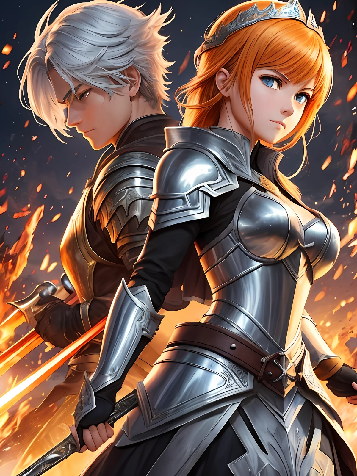 On a dynamic and dynamic battlefield, A 16-year-old boy and a 16-year-old girl stand side by side, They wore brightly colored medieval knightly robes, It gives a sense of heroism and determination. Behind the teenager is the girl, She wears an orange and white knightly suit, Golden hair glowing in the sun, Impressive. Her eyes were slightly closed, Seems to be concentrating, Prepare for battle. Both were holding glowing Excaliburs, The body of the sword shines in the sun. The girl's sword emitted an even stronger light, As if to foreshadow a special attack. Her sword creates a high contrast with glowing hair and eyes, This makes her stand out in battle scenes. Ambient light is strongly reflected on their Damascus armor, The intricate details make it seem as if you can feel their powerful attack. The ground is littered with splashing colors, It's like colored paint splashing on the background, Make the whole scene more colorful. Please draw this image with the best quality and super detail, Draw intricately crafted lumines and lens halos, Clear lines and fine details. Add ray-traced reflections to the background, Subsurface scattering and ambient light occlusion, Make the whole picture more cinematic. The people and environments in the picture should be as realistic as possible, The body proportions and posture of the characters should be perfect, The action should be vivid, Facial expressions should be delicate. Particular attention was paid to the intricate details of drawing Excalibur in their hands and Damascus armor, As well as the grip of the hilt, to show their level of swordsmanship. --auto --s2