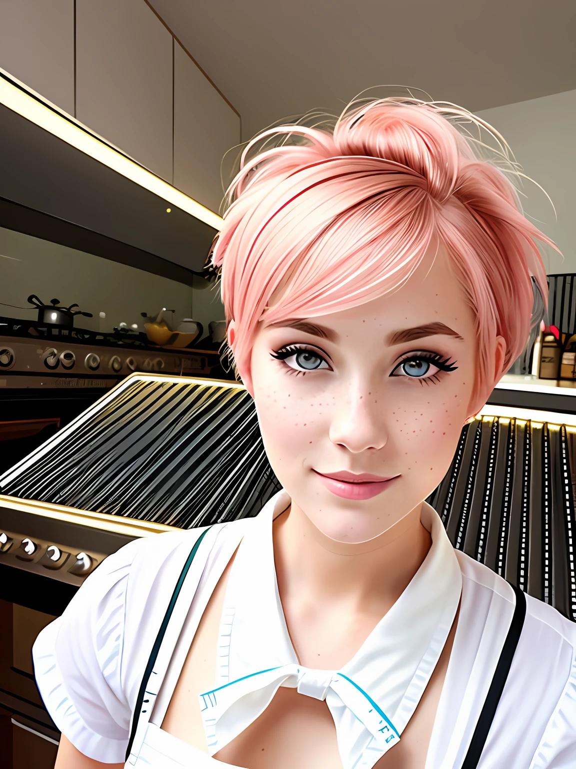 (hyperrealistic), (illustration), (high resolution), (8K), (extremely detailed), (best illustration), (beautiful detailed eyes), (best quality), (super detailed), (masterpiece), (wallpaper), (detailed face), solo, (dynamic pose), 1 girl, white wavy hair in the kitchen, korean, heterochromic eyes, small moles under the eyes, ((apron)), big breasts, long legs, tightens abs, (camel toes), (black stockings), (no panties), (no bra)