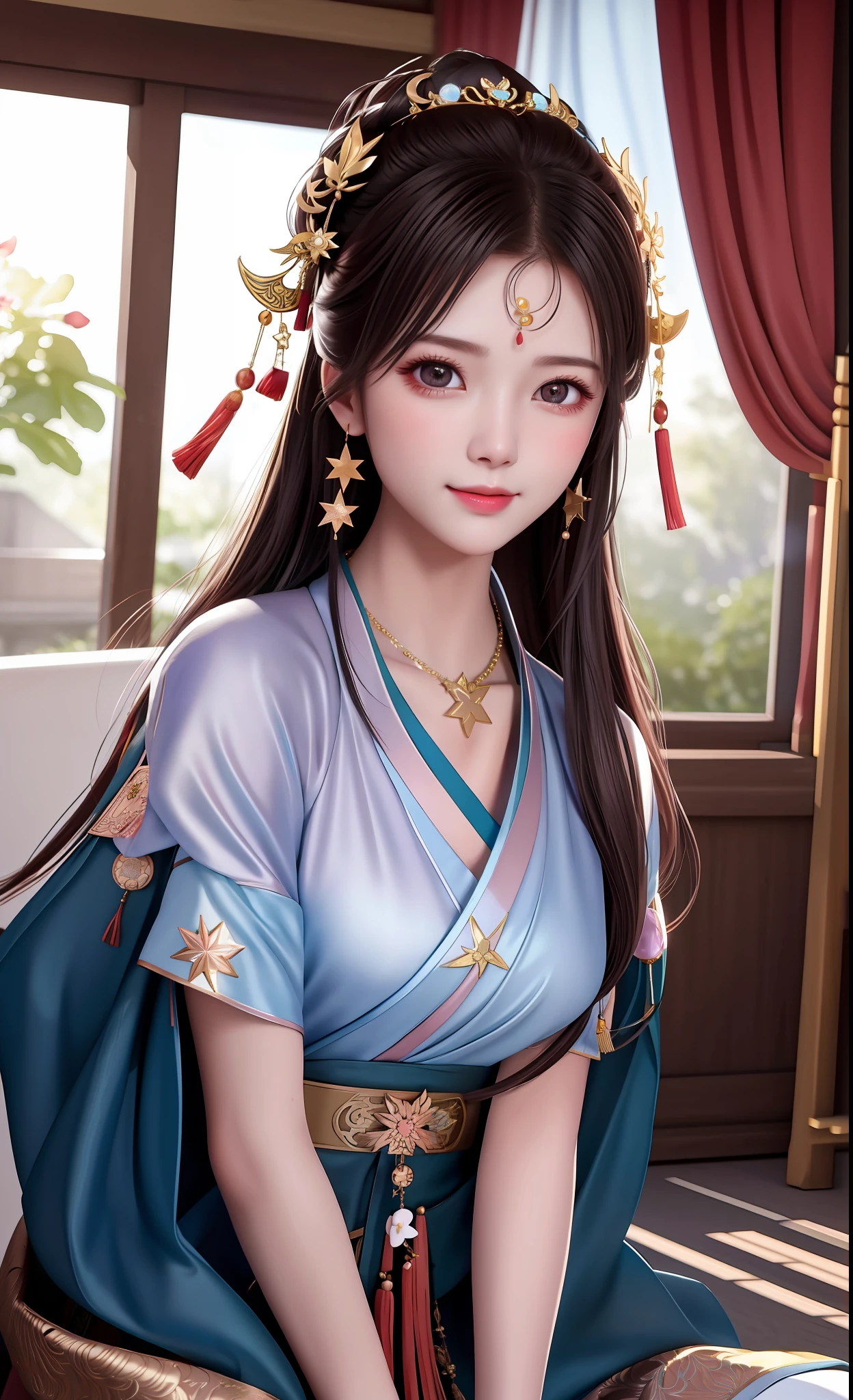 best quality, masterpiece, highres, 1girl,blush,(seductive smile:0.8),star-shaped pupils,china hanfu,hair ornament,necklace, jewelry,Beautiful face,upon_body, tyndall effect,photorealistic, dark studio, rim lighting, two tone lighting,(high detailed skin:1.2), 8k uhd, dslr, soft lighting, high quality, volumetric lighting, candid, Photograph, high resolution, 4k, 8k, Bokeh