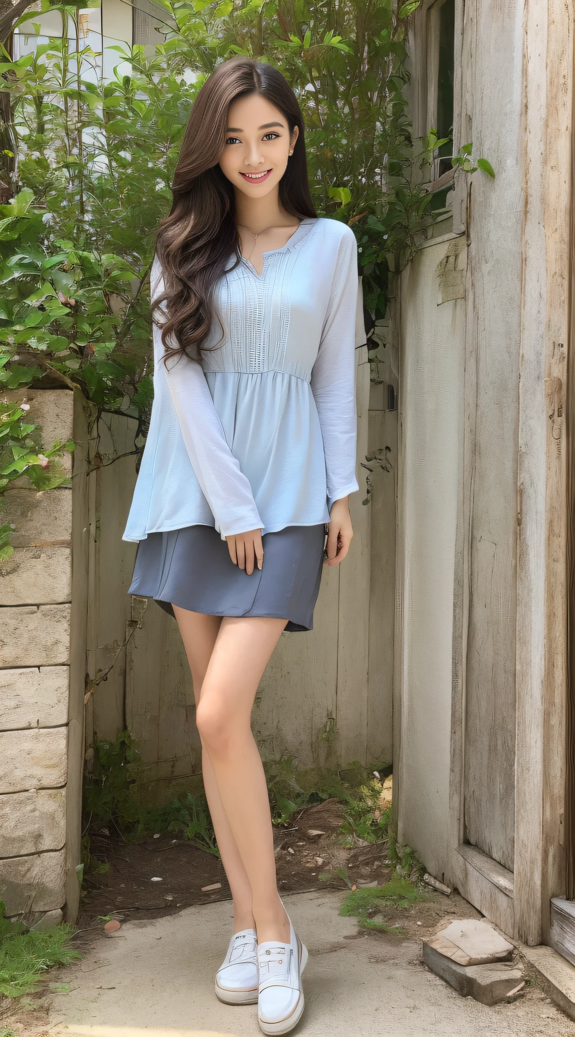 ((top quality, 8k, masterpiece: 1.3)), 1 girl, smile, ((full body: 1.3)), innocent pose, slim face, pretty woman, (free hair color), tunic of free color: 1.1, tunic above the knee, simple pattern, fashionable footwear, ultra-detailed face, fine eyes, double eyelids, blurred background, slim face, countryside, outside, front of house