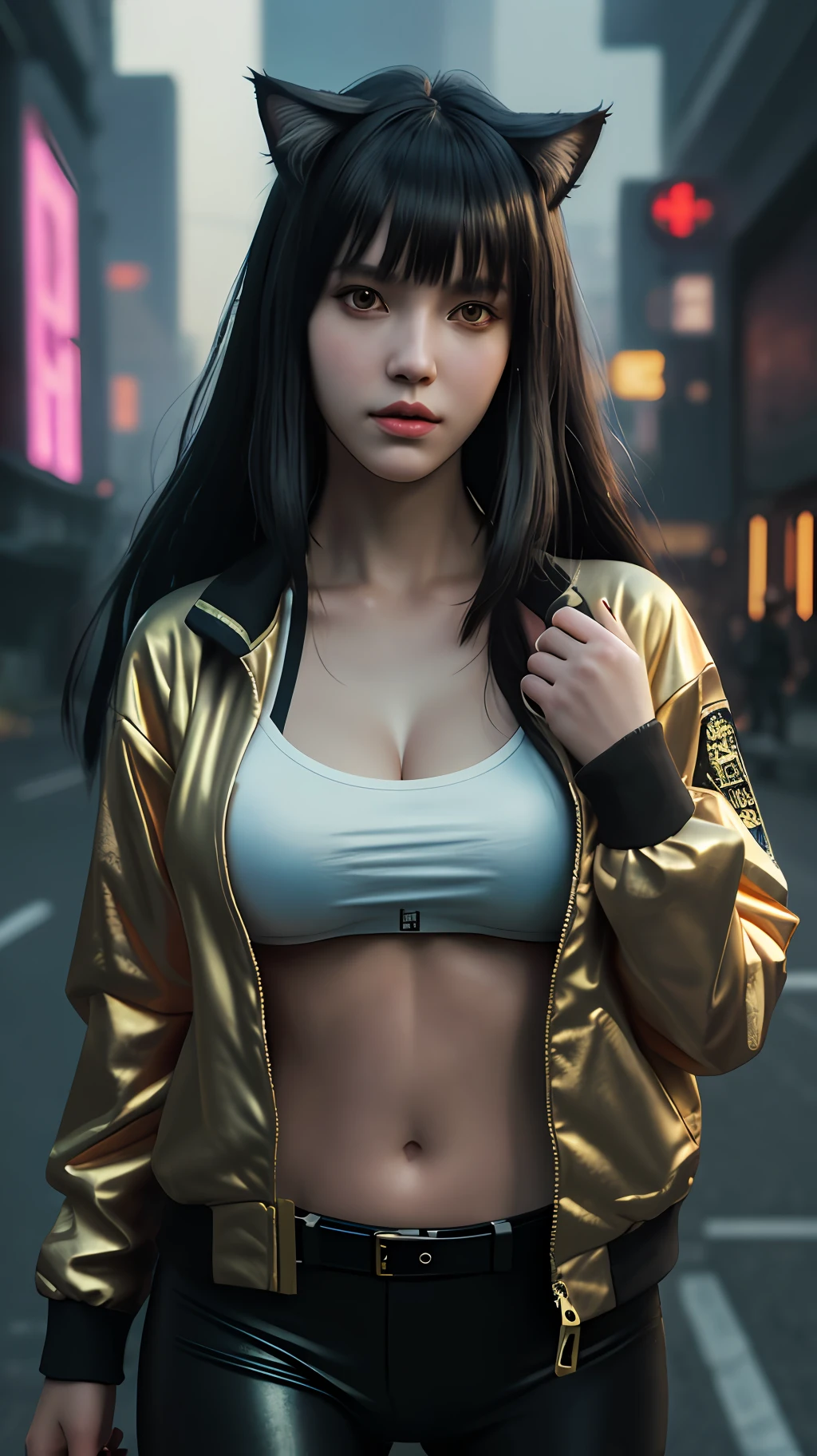 Beautiful photorealistic portrait photograph of beautiful nekomata catgirl wearing tech jacket and assorted cyberpunk clothing and paraphernalia, fringe cut bangs hairstyle, golden eyes, huge breasts, dynamic pose, cyberpunk street background, golden ratio proportions, abstract beauty, approaching perfection, pure form, concept art, intricate details, 8k post production, high resolution, hyperdetailed, trending on artstation, sharp focus, studio photo, intricate details, highly detailed, by greg rutkowski