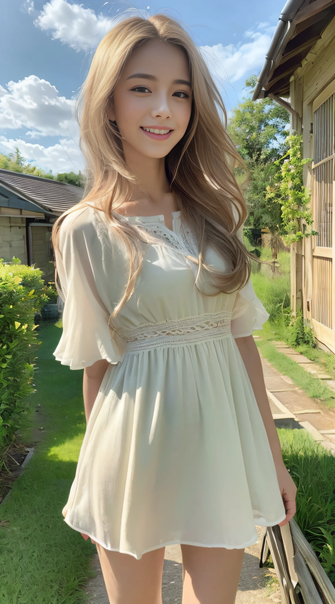 ((top quality, 8k, masterpiece: 1.3)), 1 girl, smile, ((full body: 1.3)), innocent pose, slim face, pretty woman, (free hair color), tunic of free color: 1.1, tunic above the knee, simple pattern, fashionable footwear, ultra-detailed face, fine eyes, double eyelids, blurred background, slim face, countryside, outside, front of house