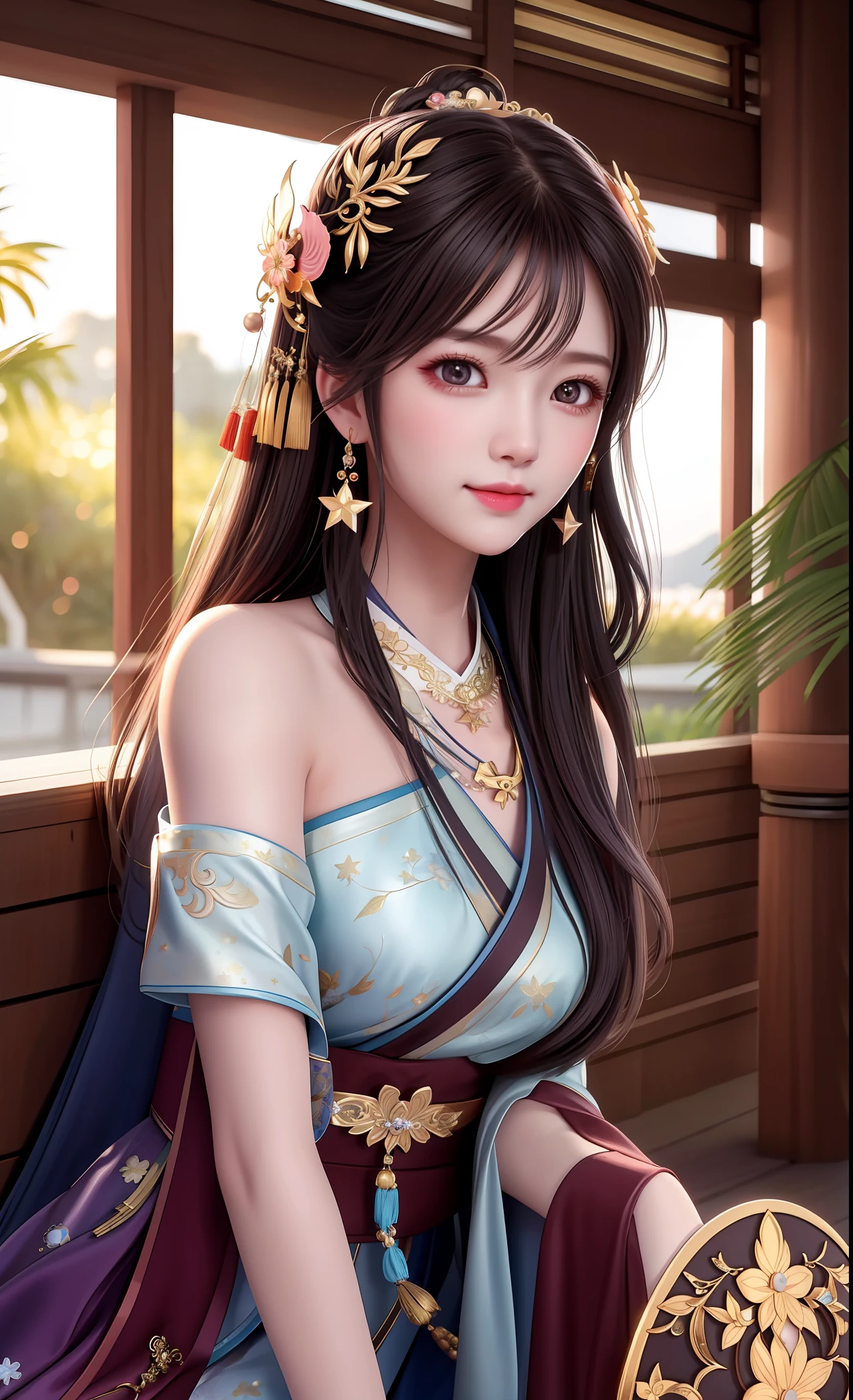 best quality, masterpiece, highres, 1girl,blush,(seductive smile:0.8),star-shaped pupils,china hanfu,hair ornament,necklace, jewelry,Beautiful face,upon_body, tyndall effect,photorealistic, dark studio, rim lighting, two tone lighting,(high detailed skin:1.2), 8k uhd, dslr, soft lighting, high quality, volumetric lighting, candid, Photograph, high resolution, 4k, 8k, Bokeh