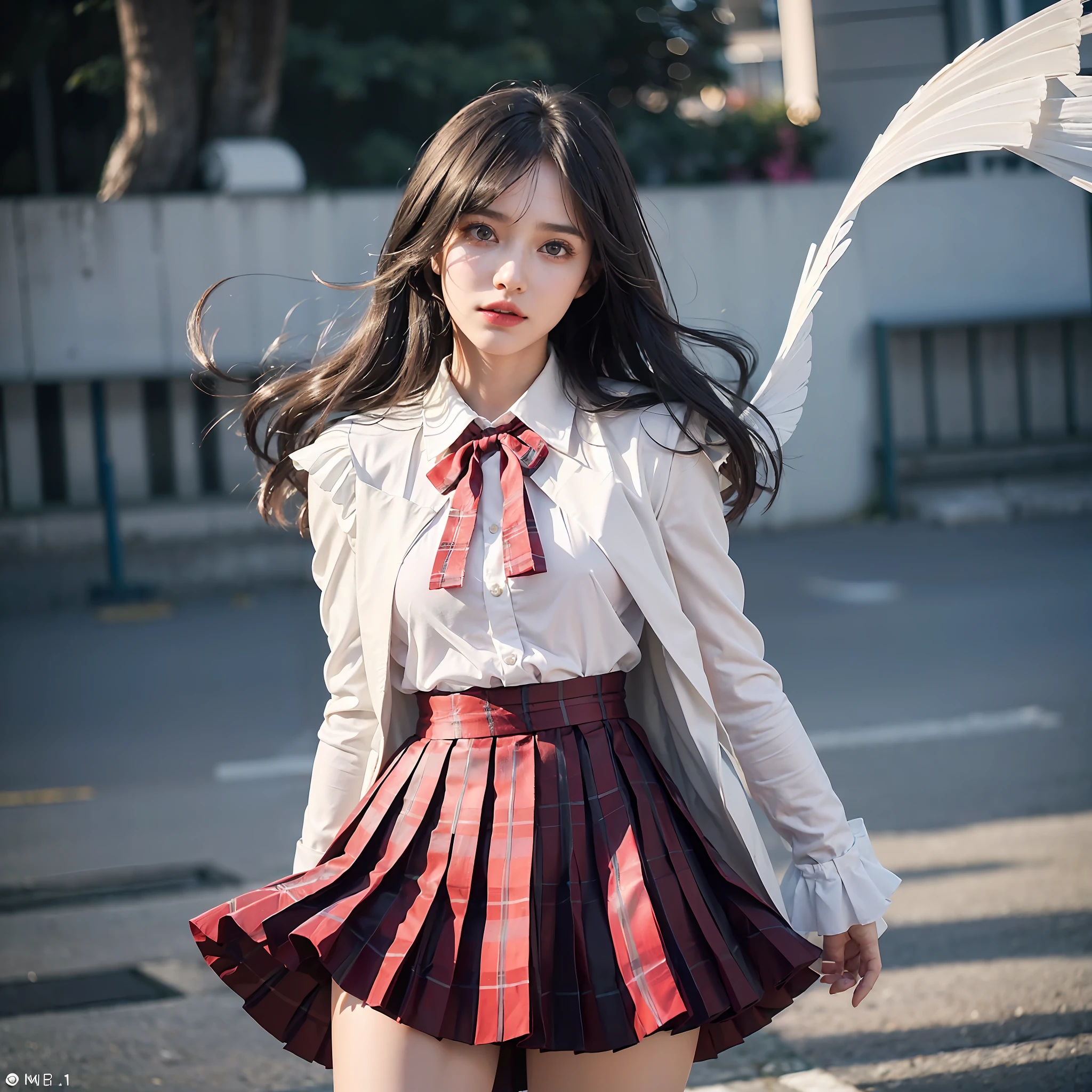 (details of white and gold accents in body costumes: 1.05), (negative space: 1.4), (full body), 1 girl, (((solo)), viewer watch, from above, masterpiece, highly detailed, (((cinematic lighting)), (sparkling), ((dramatic lighting)), (beautiful detailed glow)), stern look, blush, intricate details, lens flares, (black hair: 1.5), (short hair :1.2), (Ice Wings: 1.6), Floating Crystals, Light Particles, (Small: 1.5), (Red Eye: 1.3), (Pink Eyes: 0.4), (Night: 1.3), (Flower: 1.25), Glowing, Floating Glow, Floating Hair, (Forehead: 1.3), (Missb0Tez: 1.3), Ray Tracing, Diffraction Spikes, (Firefly: 1.2), Wisp, Thigh Band, Alice in Wonderland \ (Black theme (1.1), red cape, (((pleated skirt))), ruffled skirt, layered skirt, overskirt, (plaid skirt: 1.15), collared shirt, suit jacket, (white shirt: 1.4), red armor, (asymmetrical legwear)), floating cape, cape: 10 layers, (long coat, open jacket)), straight hair, ( streak hair: 1.3), hair above one eye, asymmetrical bangs, sweeping bangs, head tilt, (depth of field: 0.4), dynamic composition,