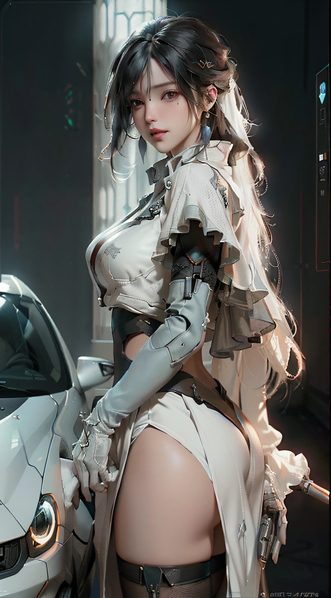 (Best Quality), ((Masterpiece), (Detail: 1.4), 3D, A Beautiful Cyberpunk Woman, HDR (High Dynamic Range), Ray Tracing, NVIDIA RTX, Super-Resolution, Unreal 5, Subsurface Scattering, PBR Textures, Post-Processing, Anisotropic Filtering, Depth of Field, Maximum Sharpness and Clarity, Multi-layer Textures, Albedo and Highlight Maps, Surface Shading, Accurate simulation of light-material interactions, perfect proportions, Octane Render, two-color light, large aperture, low ISO, white balance, rule of thirds, 8K RAW, stockings, large breasts