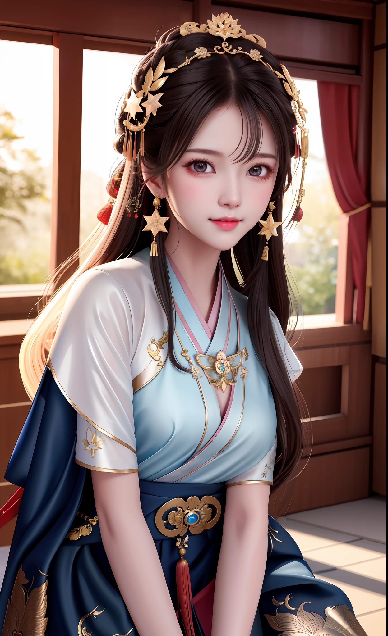 best quality, masterpiece, highres, 1girl,blush,(seductive smile:0.8),star-shaped pupils,china hanfu,hair ornament,necklace, jewelry,Beautiful face,upon_body, tyndall effect,photorealistic, dark studio, rim lighting, two tone lighting,(high detailed skin:1.2), 8k uhd, dslr, soft lighting, high quality, volumetric lighting, candid, Photograph, high resolution, 4k, 8k, Bokeh