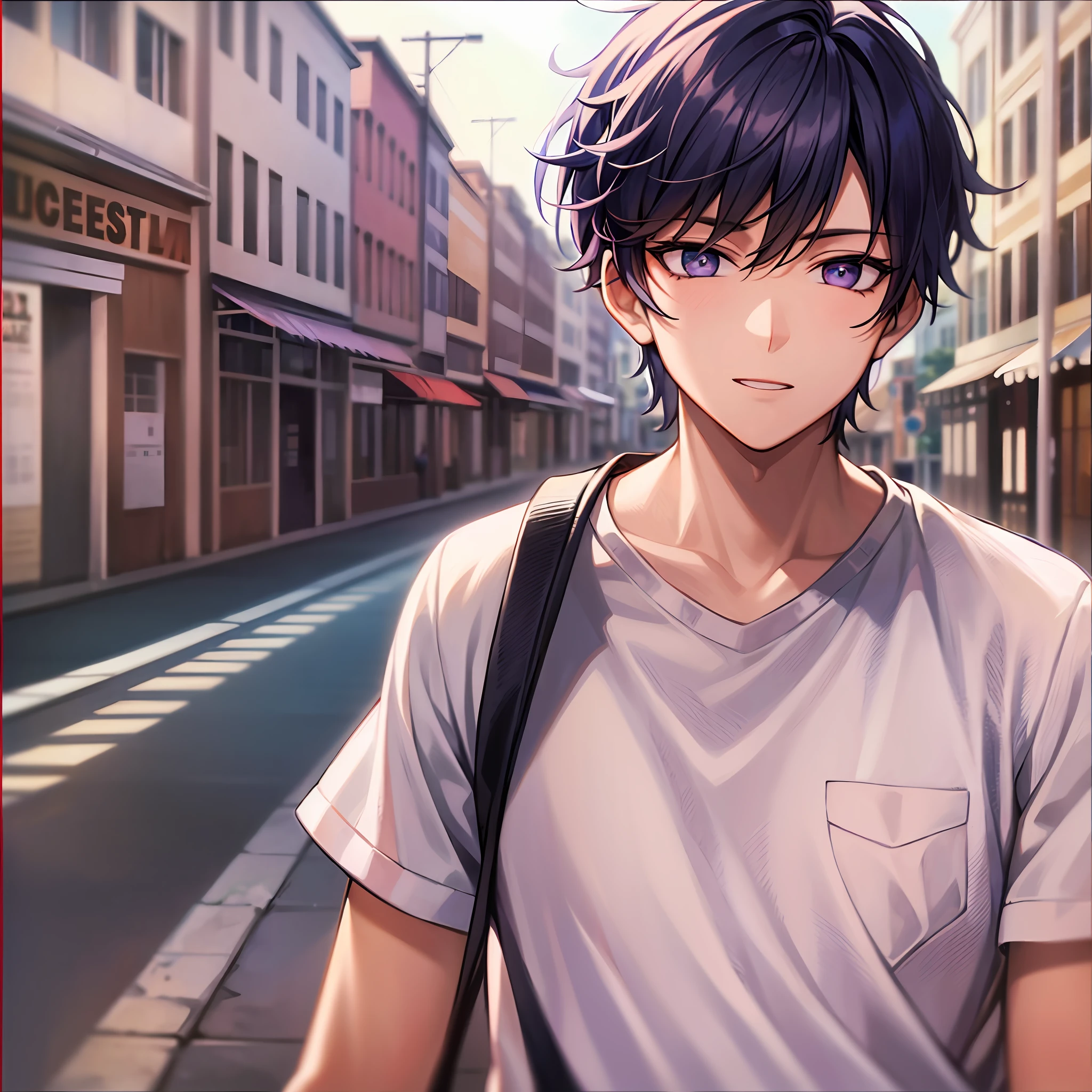 A man with short hair, dressed in civilian clothes. He should be at home. His eyes should be purple and his hair black and purple.