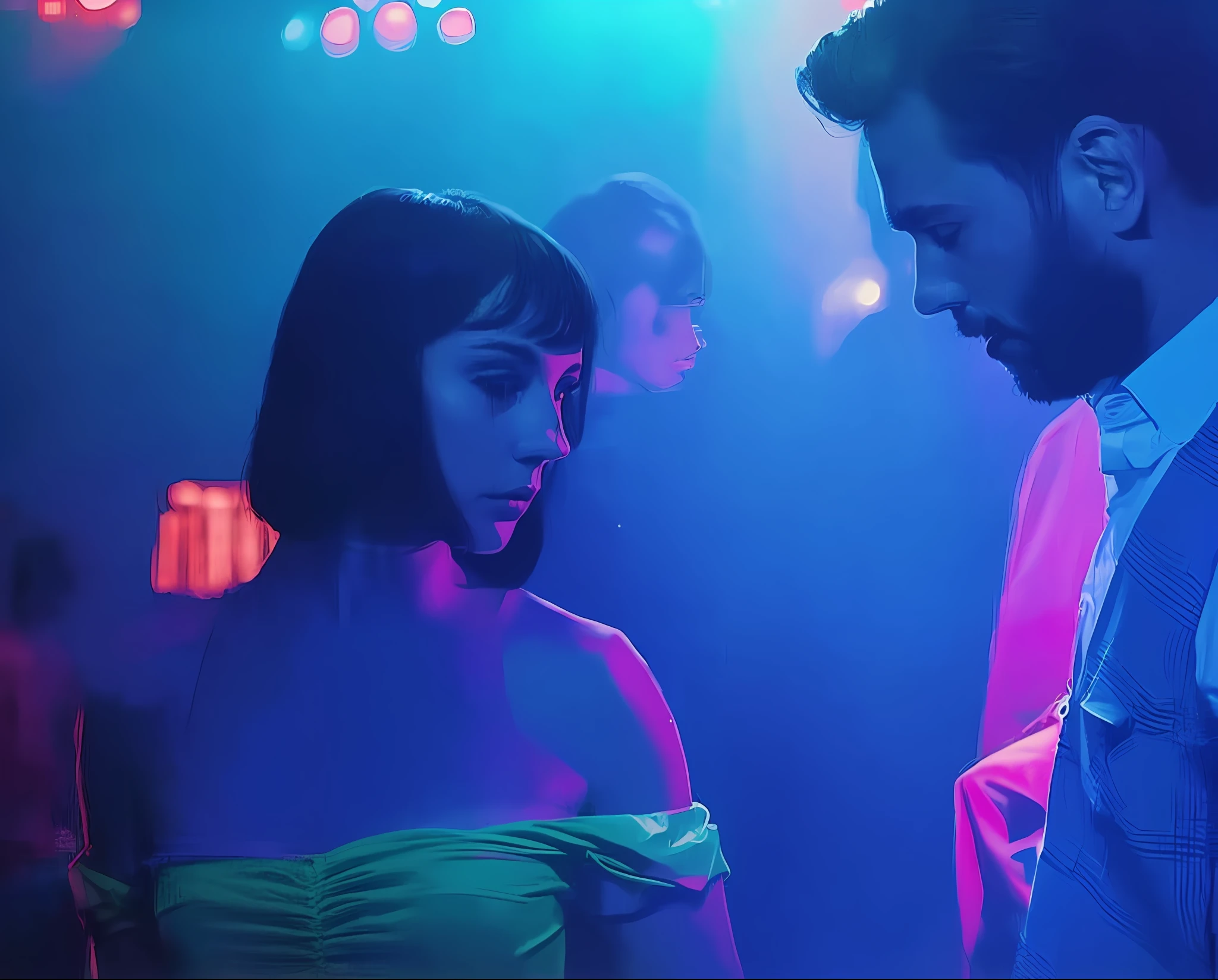 There are two people standing in a club with a woman in a red dress, filmed from film, scene from a movie, still shot from film, Charli Bowater and Artgeem, hyper realistic, still movie picture, movie still movie, high quality movie, anime