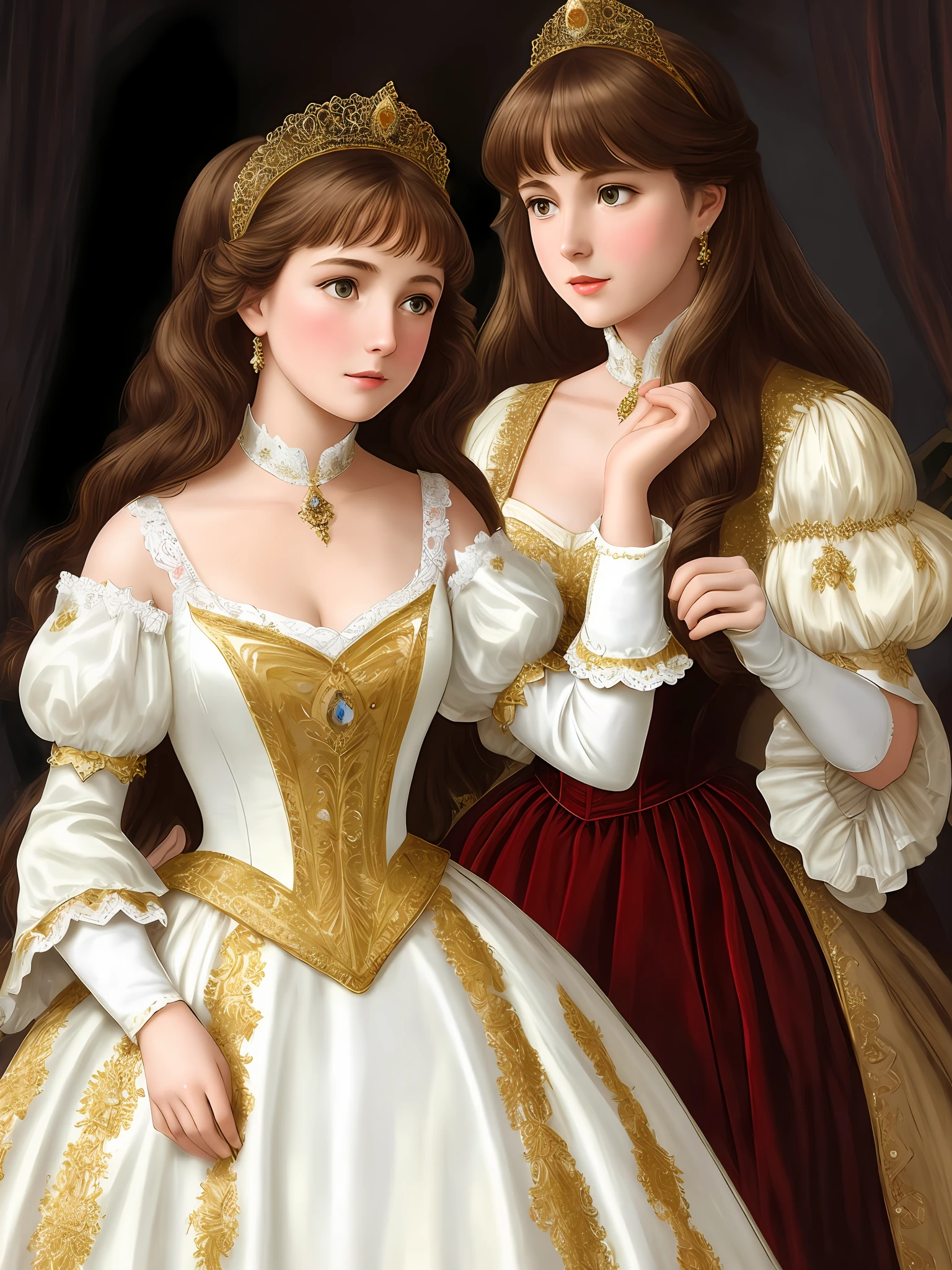 John Tenniel, A stunningly beautiful young brown haired maiden gasps in surprise to find herself suddenly wearing white gloves and a Stately Royal Victorian Cinderella Ballgown stiff with gold embroidery and sparkling with jewels, with huge puffed sleeves as large as her head, an enormous hoopskirt, all adorned with bows and frills