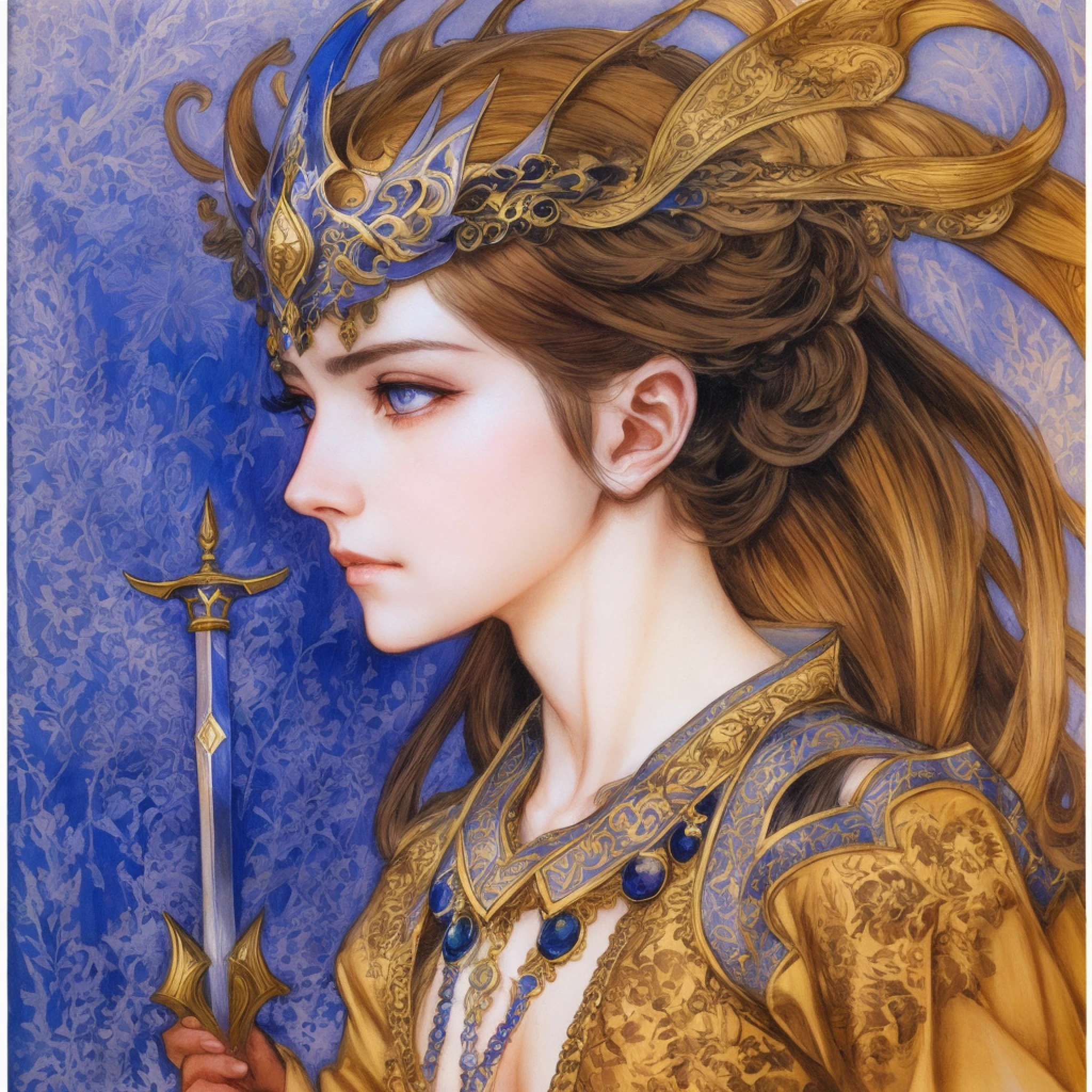 Woman with sword in hand, beautiful fantasy empress((Beautiful fantasy empress)), high detail, artgerm closeup, anime illustration, fantasy woman, beautiful fantasy art portrait, Laufey/Artgerm. epic fantasy character art, a digital rendering, fantasy art epic fantasy character art, fantasy art PastelPencil colored Pencil drawing Watercolor painting byArthur Rackham byJean Delville byAnders Zorn Drawings byRedon Illustration, concept art, character concept,