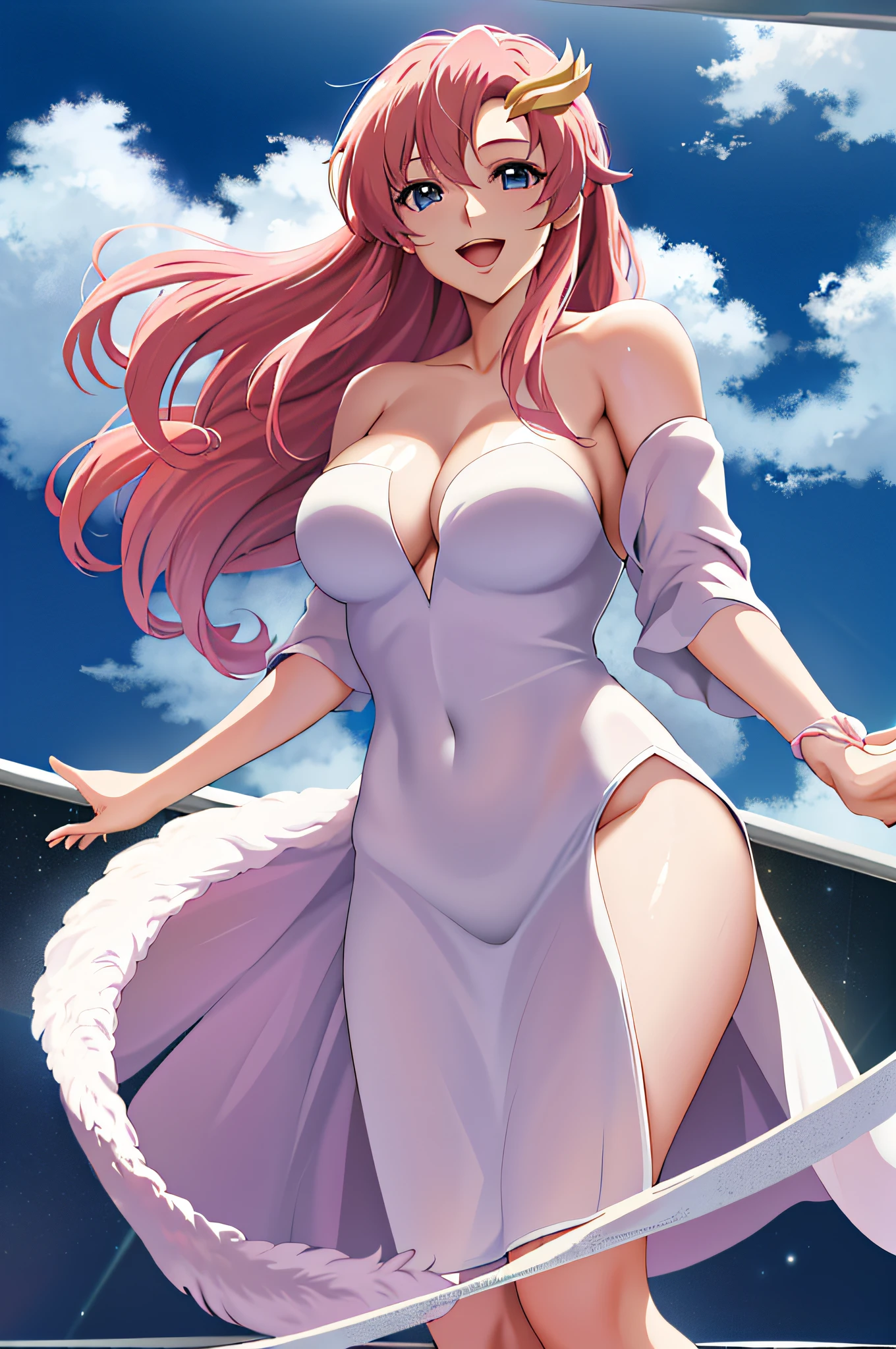 (masterpiece, best quality, highres, anime, lacus4, white wrestler, SFW), 1girl, solo, long hair, hair ornament, pink hair, cleavage, blue eyes, off-shoulder, MEDIUM breasts, smile, open mouth