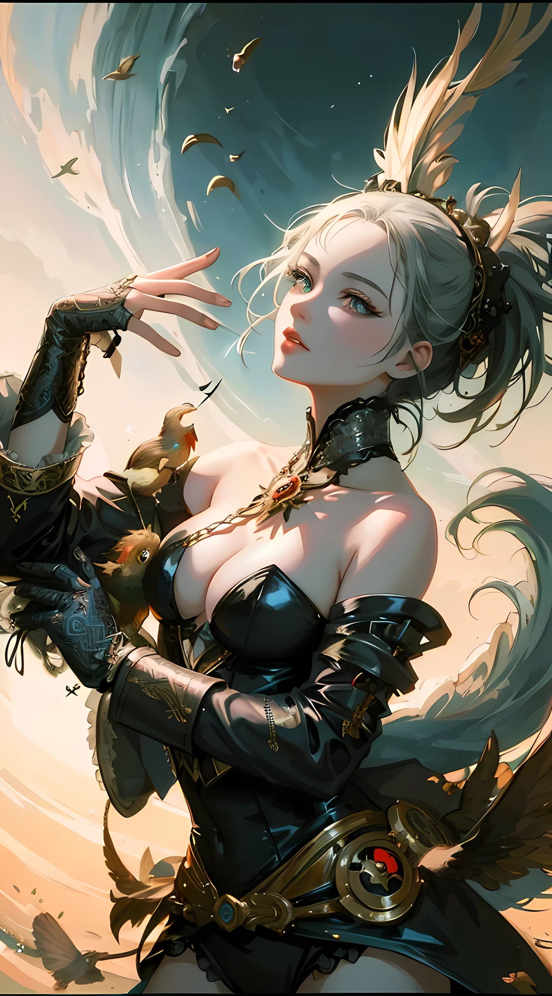 a woman in a black dress holding a bird in her hand, wlop and artgerm, karol bak uhd, artgerm and wlop, wlop | artgerm, extremely detailed artgerm, art of wlop, wlop art, by Yang J, fantasy woman, artgerm. anime illustration, like artgerm