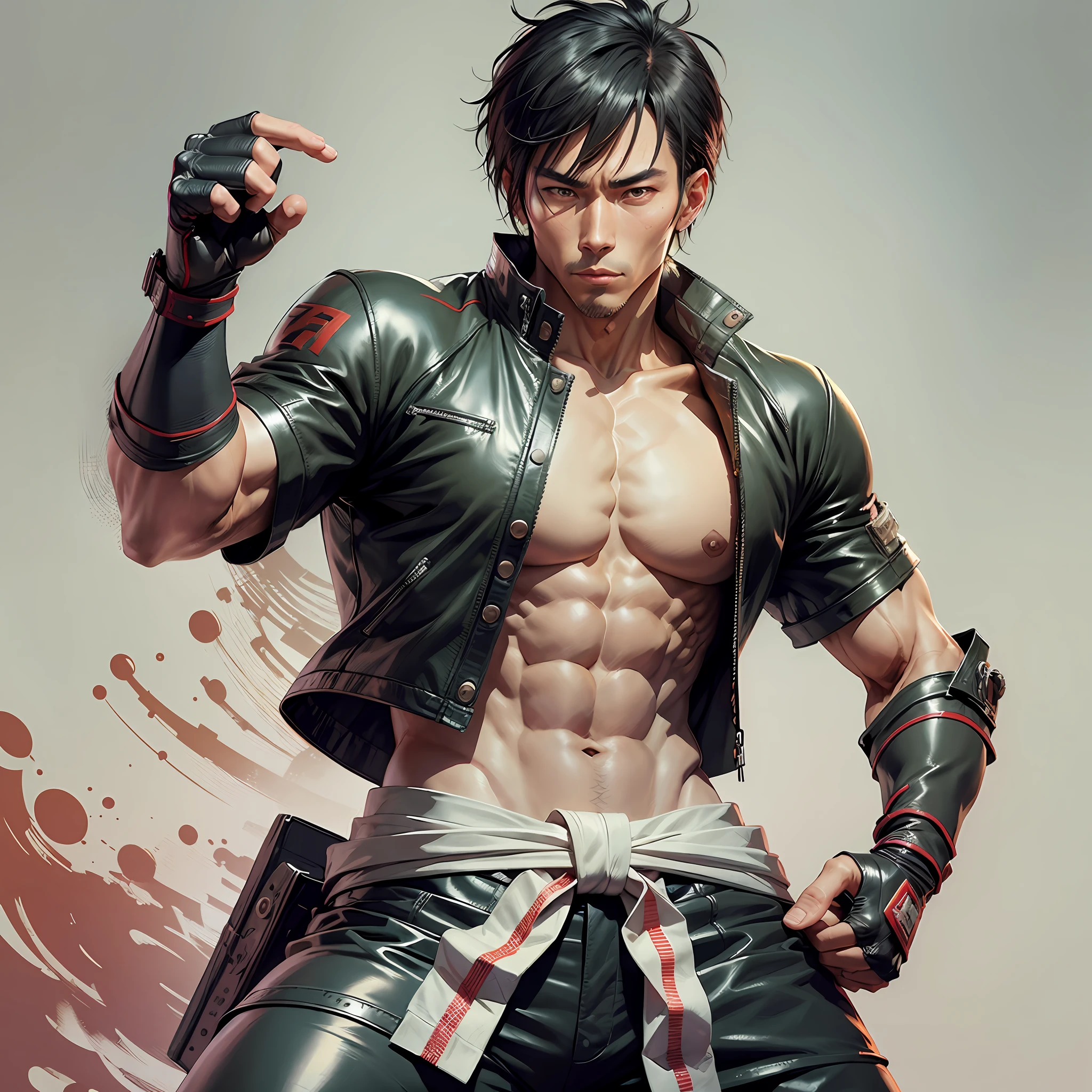 Kazama Jin, the skilled karateka, poses in a solo shot at his best - a true modern cowboy with his serious gi and fingerless gloves. With his mouth shut, he exudes confidence in his leather pants as he shows off his unparalleled skills. --auto --s2
