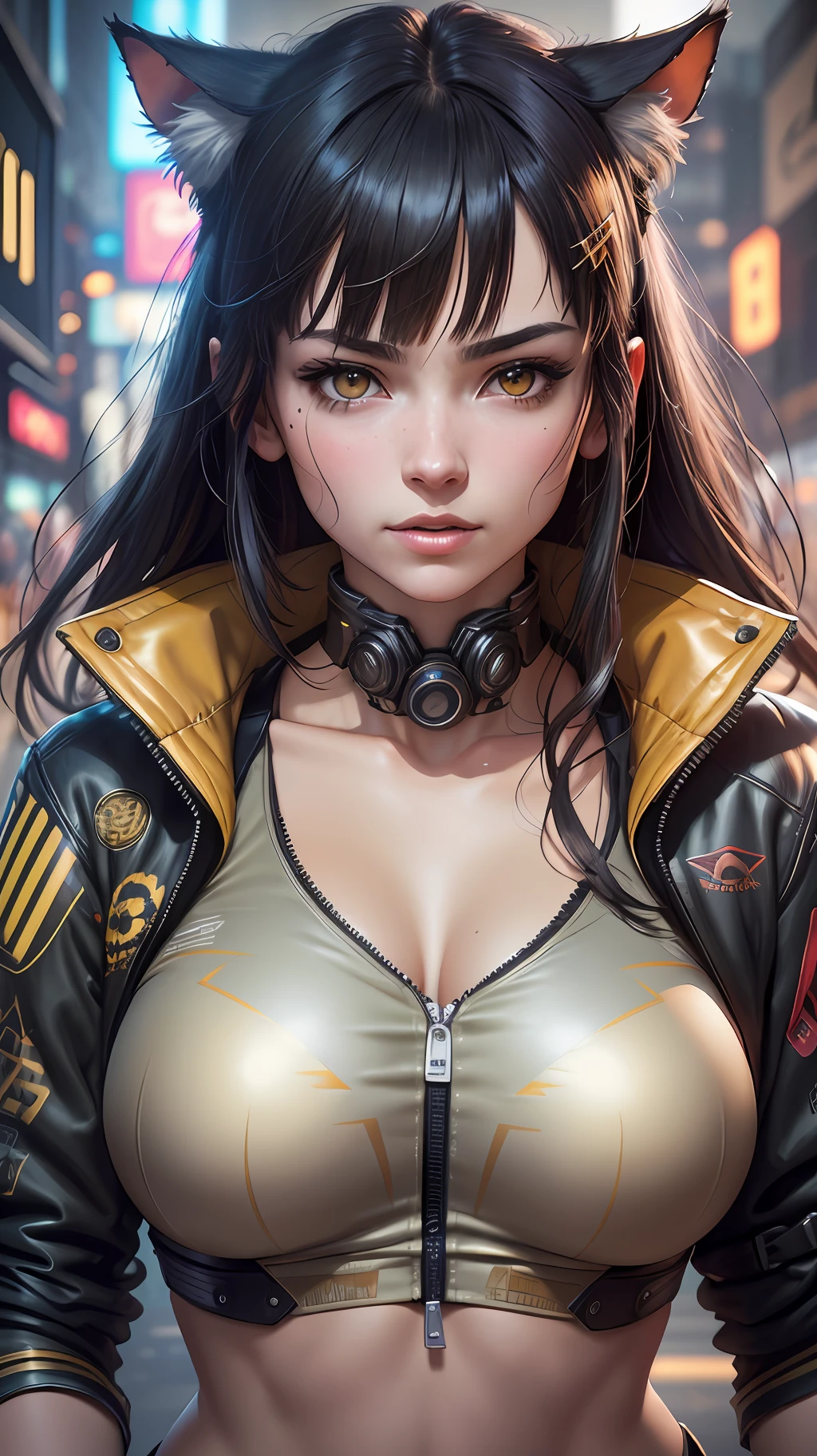 Beautiful photorealistic portrait photograph of beautiful nekomata catgirl wearing tech jacket and assorted cyberpunk clothing and paraphernalia, fringe cut bangs hairstyle, golden eyes, huge breasts, dynamic pose, cyberpunk street background, golden ratio proportions, abstract beauty, approaching perfection, pure form, concept art, by Brian Froud and Carne Griffiths and Wadim Kashin and John William Waterhouse, intricate details, 8k post production, high resolution, hyperdetailed, trending on artstation, sharp focus, studio photo, intricate details, highly detailed, by greg rutkowski