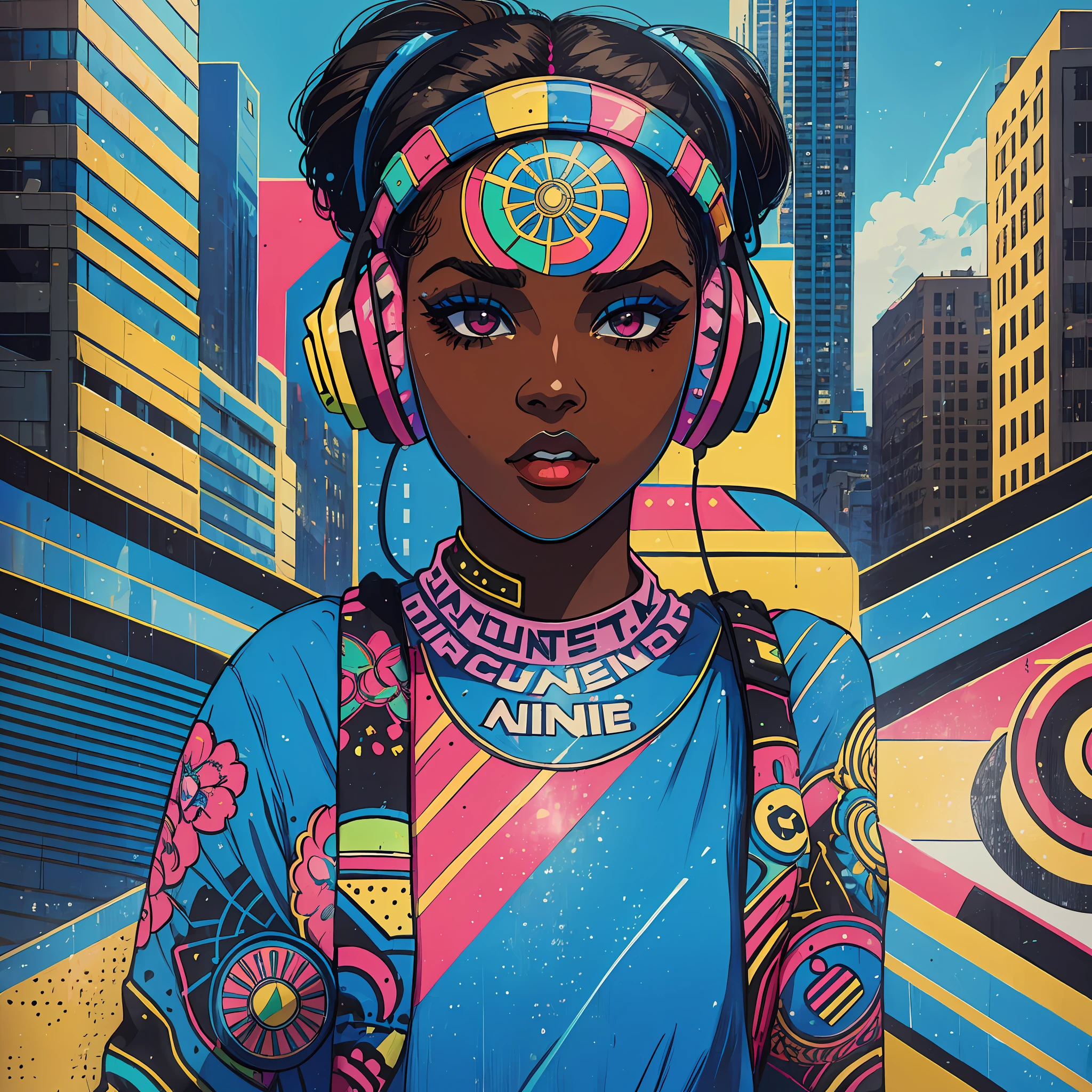 (a young woman:1.2)| (a girl:1.1), dark skin, portrait, makeup, super detailed, Pop Art style, headset, city, straight look, contoured.