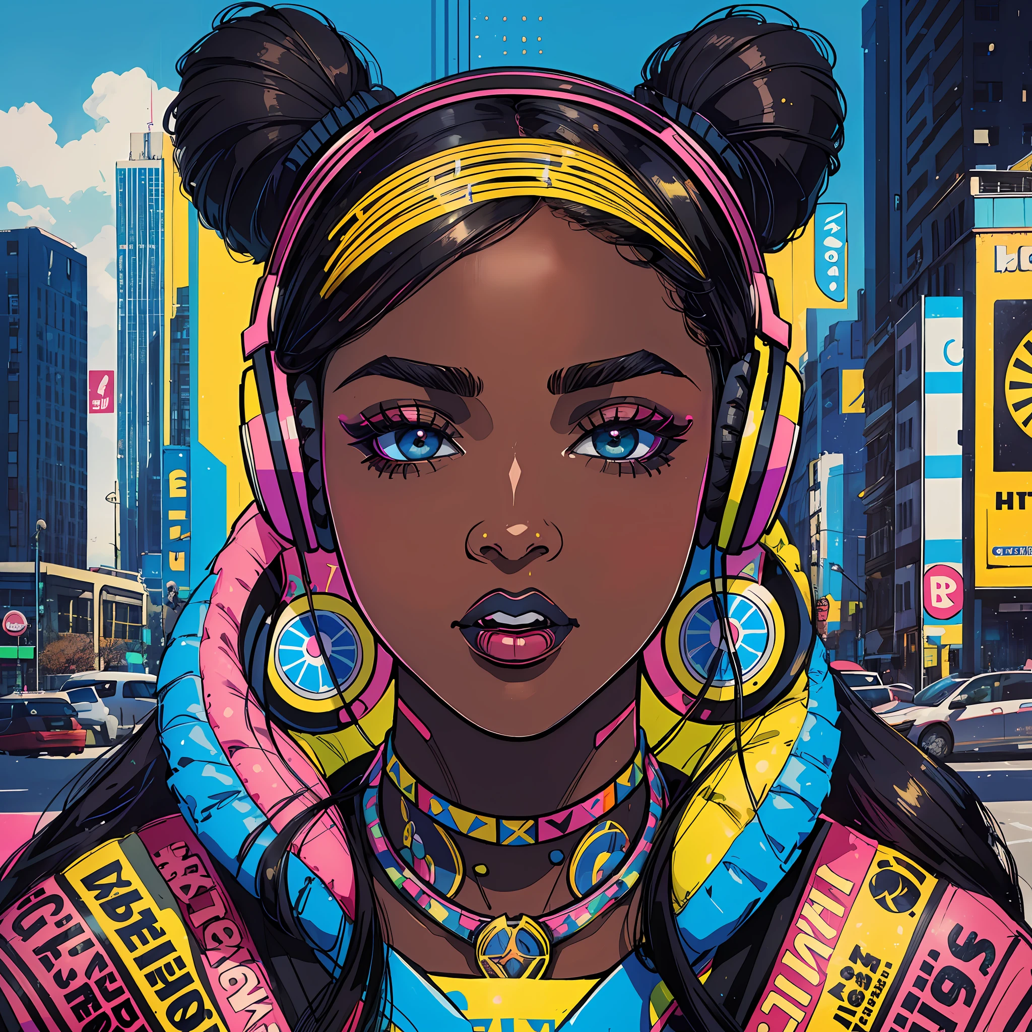 (a young woman:1.2)| (a girl:1.1), dark skin, portrait, makeup, super detailed, Pop Art style, headset, city, straight look, contoured.