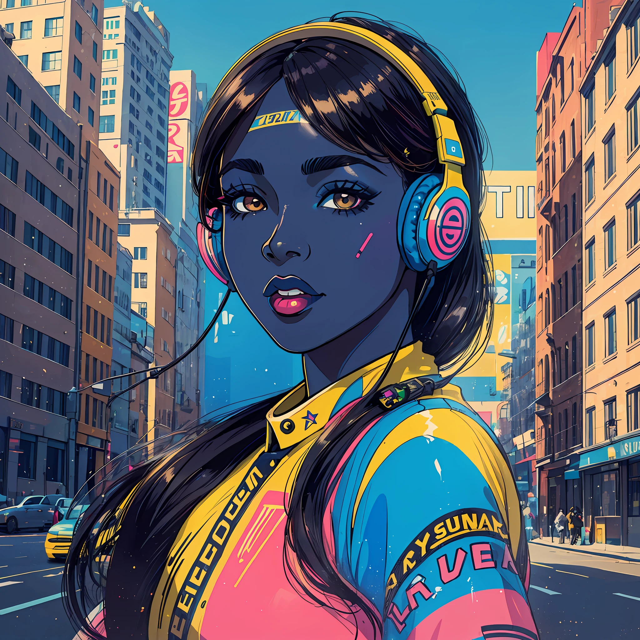 (a young woman:1.2)| (a girl:1.1), dark skin, portrait, makeup, super detailed, Pop Art style, headset, city, straight look, contoured.