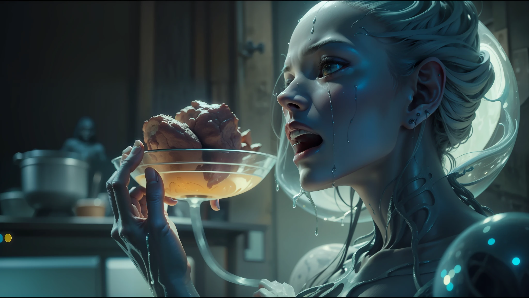 a close up of a person holding a bowl of food in a room, movie still of the alien girl, weta studio and james jean, frame from prometheus movie, still frame from prometheus, a sorceress casting a ice ball, shanina shaik as medusa, scene from prometheus movie, die antwoord music video, scene from the movie prometheus --auto --s2