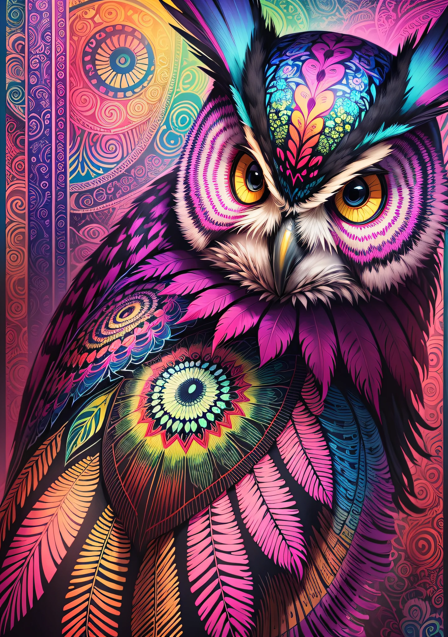 Featuring a captivating and vibrant psychedelic owl painting. The art of the owl is exquisitely designed with vivid colors, intricate patterns and mesmerizing details. The painting is leaning against the back of the frame, creating a dynamic and casual display. The combination of the vertical frame and the psychedelic art of the owl add a touch of artistic fascination to any space. --auto --s2