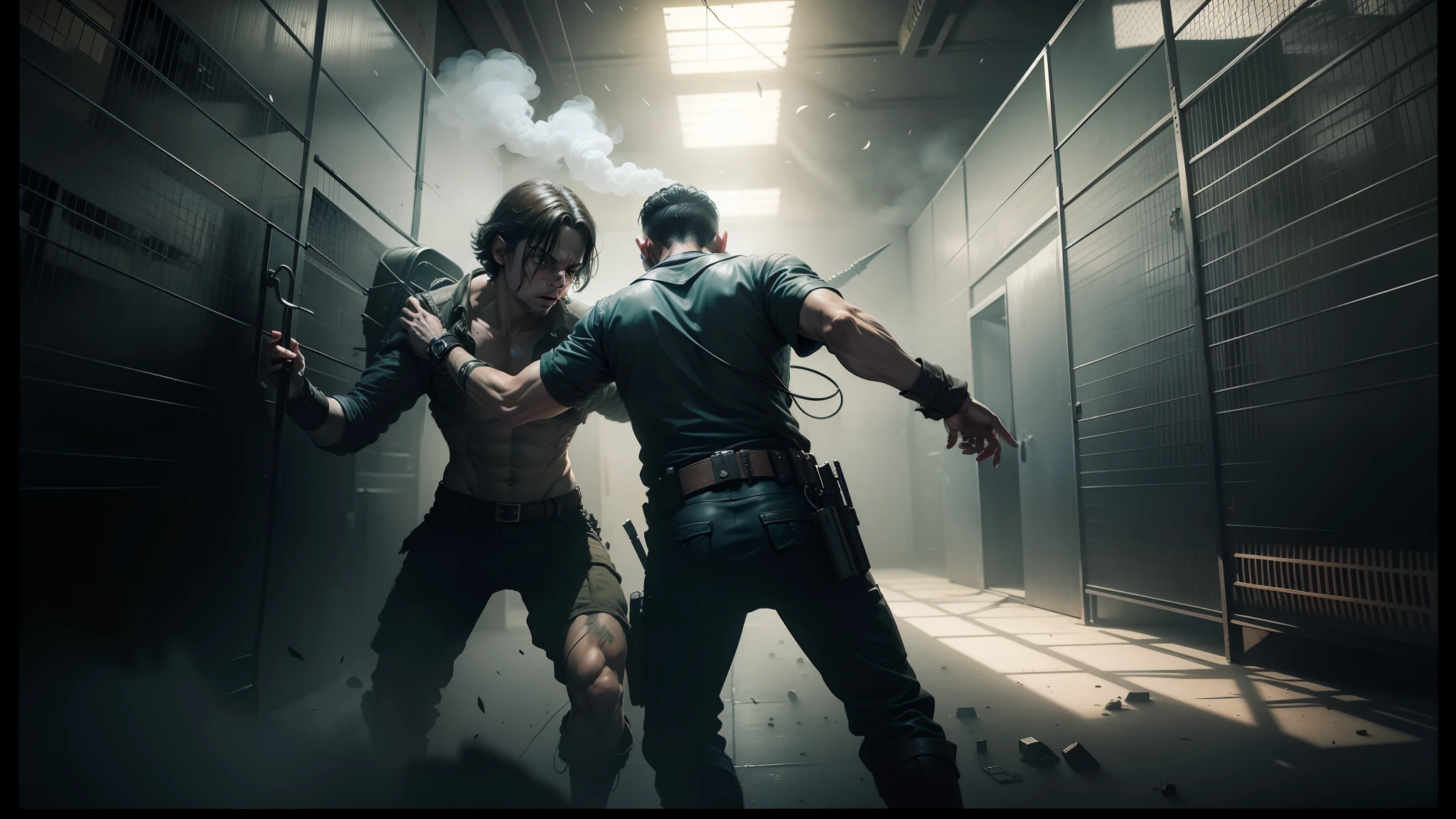 there are two men in a jail cell with smoke coming out of them, mage fighting a ghoul, still from stranger things movie, still from stranger things, by Ejler Bille, photorealistic dark concept art, resident evil virus concept art, by Eglon van der Neer, matte painting of human mind, concept art for movies, concept art for movie --auto --s2
