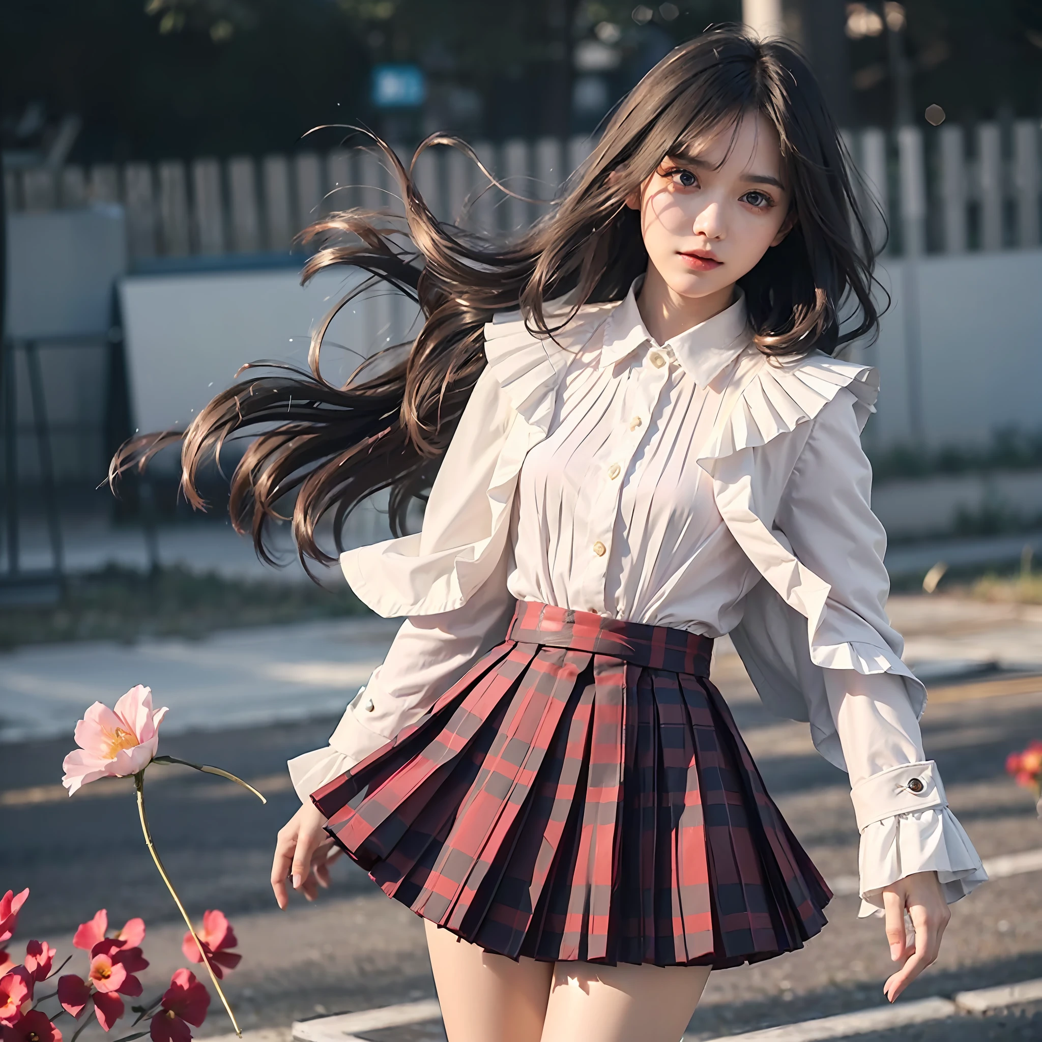 (details of white and gold accents in body costumes: 1.05), (negative space: 1.4), (full body), 1 girl, (((solo)), viewer watch, from above, masterpiece, highly detailed, (((cinematic lighting)), (sparkling), ((dramatic lighting)), (beautiful detailed glow)), stern look, blush, intricate details, lens flares, (black hair: 1.5), (short hair :1.2), (Ice Wings: 1.6), Floating Crystals, Light Particles, (Small: 1.5), (Red Eye: 1.3), (Pink Eyes: 0.4), (Night: 1.3), (Flower: 1.25), Glowing, Floating Glow, Floating Hair, (Forehead: 1.3), (Missb0Tez: 1.3), Ray Tracing, Diffraction Spikes, (Firefly: 1.2), Wisp, Thigh Band, Alice in Wonderland \ (Black theme (1.1), red cape, (((pleated skirt))), ruffled skirt, layered skirt, overskirt, (plaid skirt: 1.15), collared shirt, suit jacket, (white shirt: 1.4), red armor, (asymmetrical legwear)), floating cape, cape: 10 layers, (long coat, open jacket)), straight hair, ( streak hair: 1.3), hair above one eye, asymmetrical bangs, sweeping bangs, head tilt, (depth of field: 0.4), dynamic composition,
