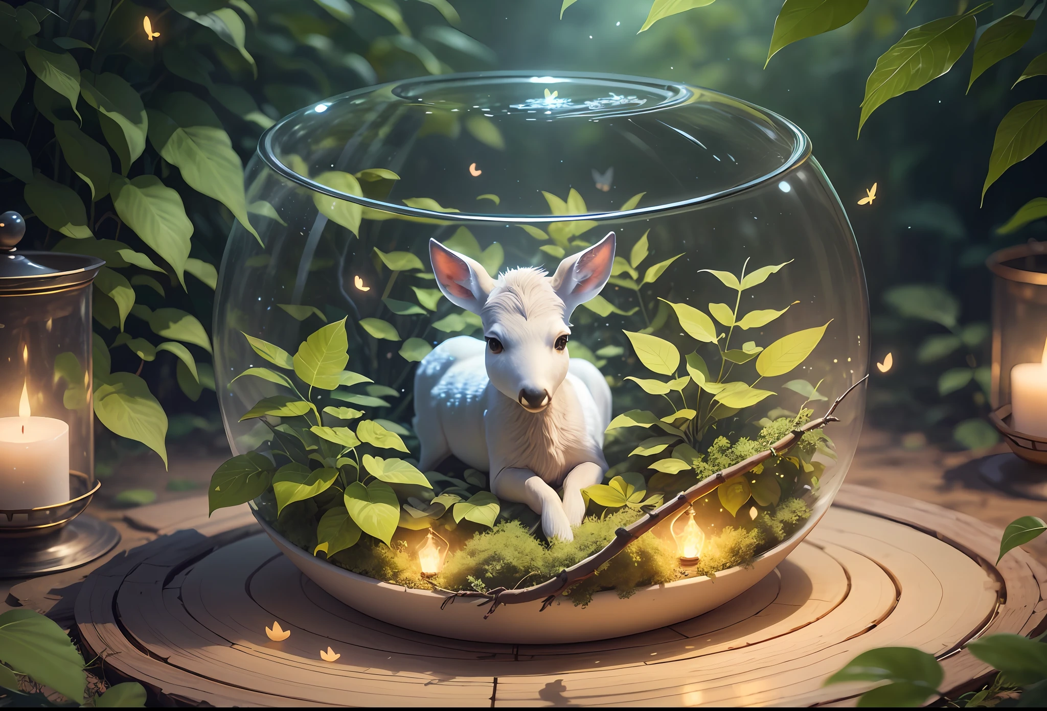 At night, fog, mystery, people in the distance draped in long running backs, masterpiece, best quality, (very detailed CG unified 8k wallpaper), (best quality), (best illustration), (best shadow), there is a glowing white deer, drinking in the pool, natural elements in the theme of the forest. Mysterious forest, beautiful forest, nature, surrounded by flowers, delicate leaves and branches surrounded by fireflies (natural elements), (jungle theme), (leaves), (branches), (fireflies), (particle effects) and other 3D, Octane rendering, ray tracing, super detailed