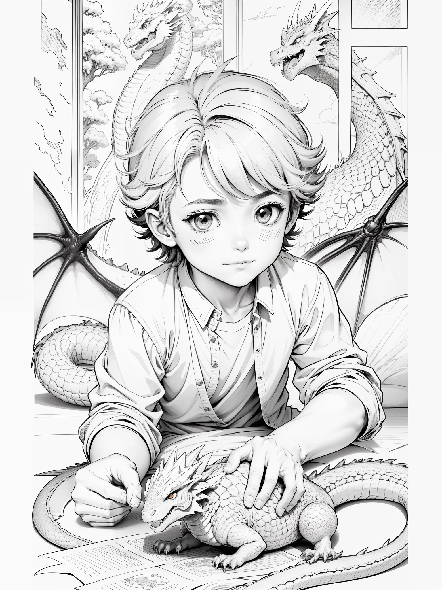 ("Cute boy playing with his dragon friend", anime style:1.2), coloring book style, (for children:0.6), white background