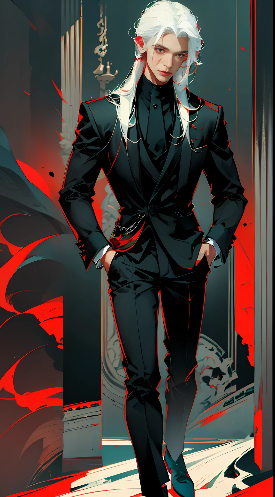 (best quality, masterpiece), 1boy, full body, injury, red color splatter, black formal, looking down, looking at viewer, white hair, hand in pocket, muscular, smile, dark mood --auto --s2