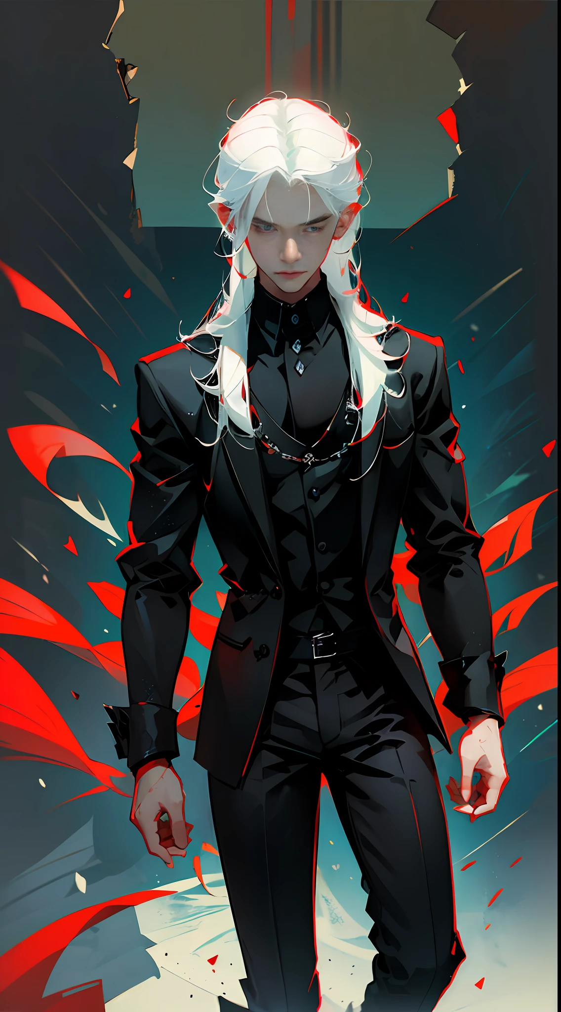(best quality, masterpiece), 1boy, full body, injury, red color splatter, black formal, looking down, looking at viewer, white hair, hand in pocket, muscular, smile, dark mood --auto --s2