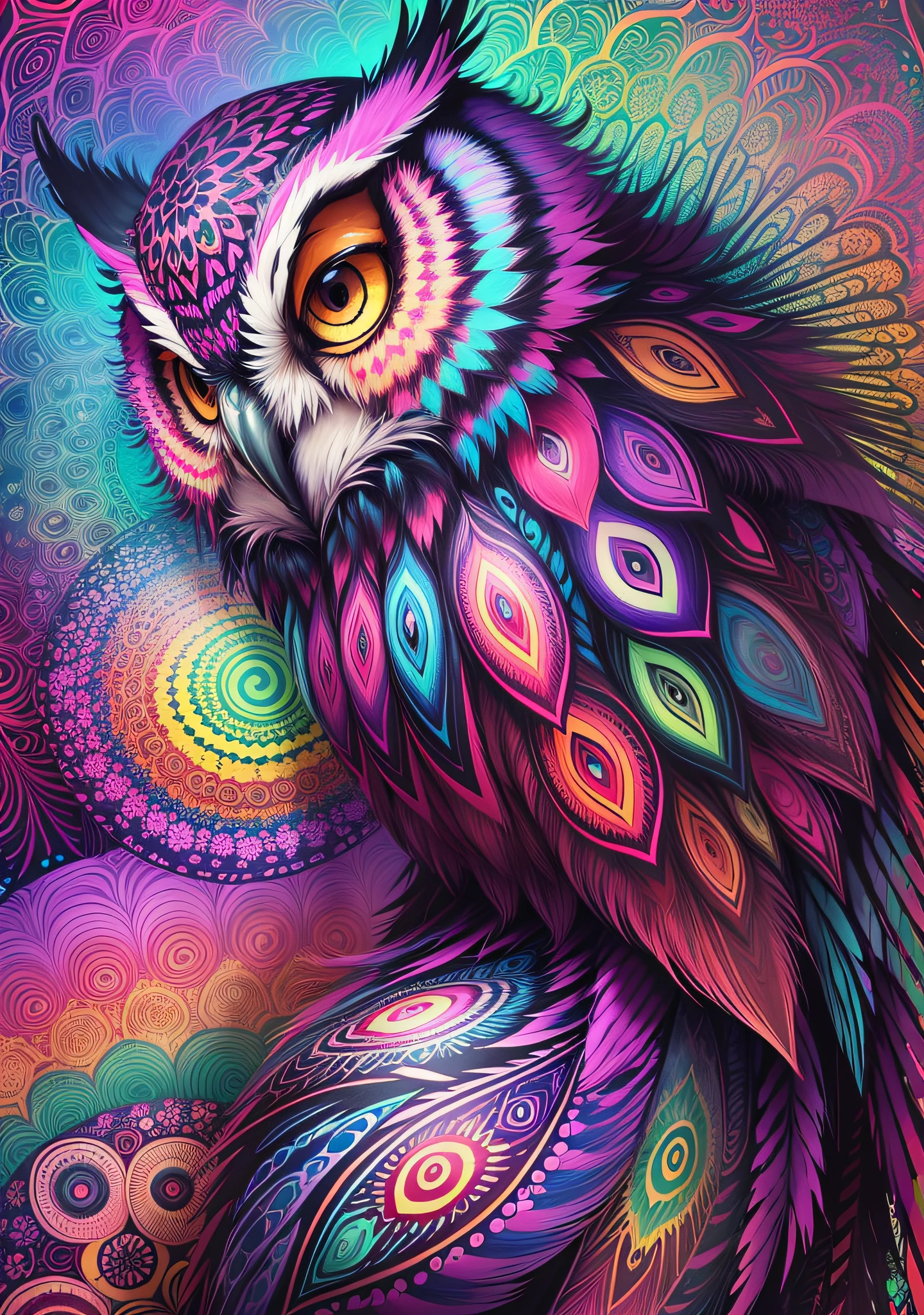 Featuring a captivating and vibrant psychedelic owl painting. The art of the owl is exquisitely designed with vivid colors, intricate patterns and mesmerizing details. The painting is leaning against the back of the frame, creating a dynamic and casual display. The combination of the vertical frame and the psychedelic art of the owl add a touch of artistic fascination to any space. --auto --s2