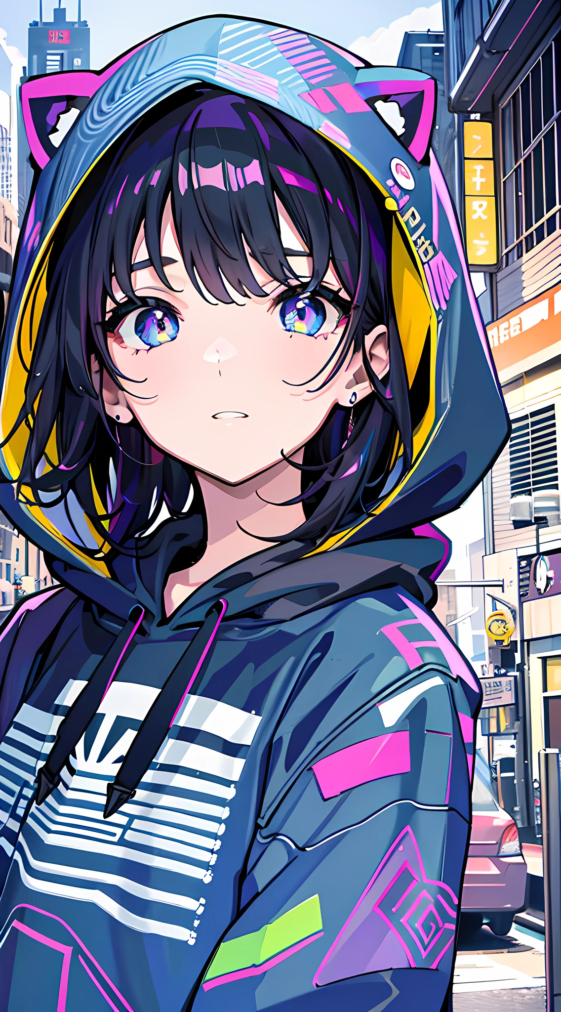 (masterpiece, best quality, 8k, absurdres, street, hoodie, 1girl:1.2), (full body:1.6), , beautiful face, flat color, perspective, depth of field, HDR, high contrast, cinematic lighting, dynamic lighting, sharp focus, highres, photography, realistic, ultra detailed, finely detail, delicate facial features, detailed eyes and face, realistic eyes, sharp pupils