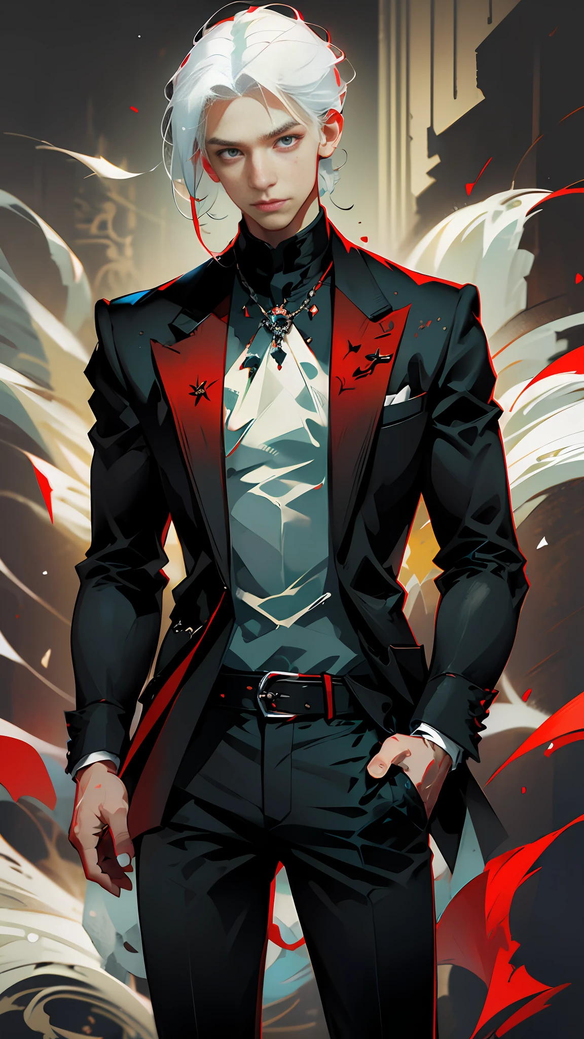 (best quality, masterpiece), 1boy, full body, injury, red color splatter, black formal, looking down, looking at viewer, white hair, hand in pocket, muscular, smile, dark mood --auto --s2