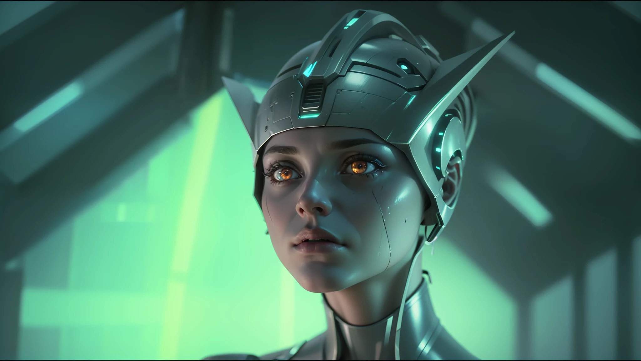 a close up of a woman with a helmet on and glowing eyes, movie still of a alien cyborg, movie still of the alien girl, unreal engine render + a goddess, depicted as a scifi scene, from a 2 0 1 9 sci fi 8 k movie, frame from prometheus movie, makeup. unreal engine, cyborg goddess in cosmos --auto --s2