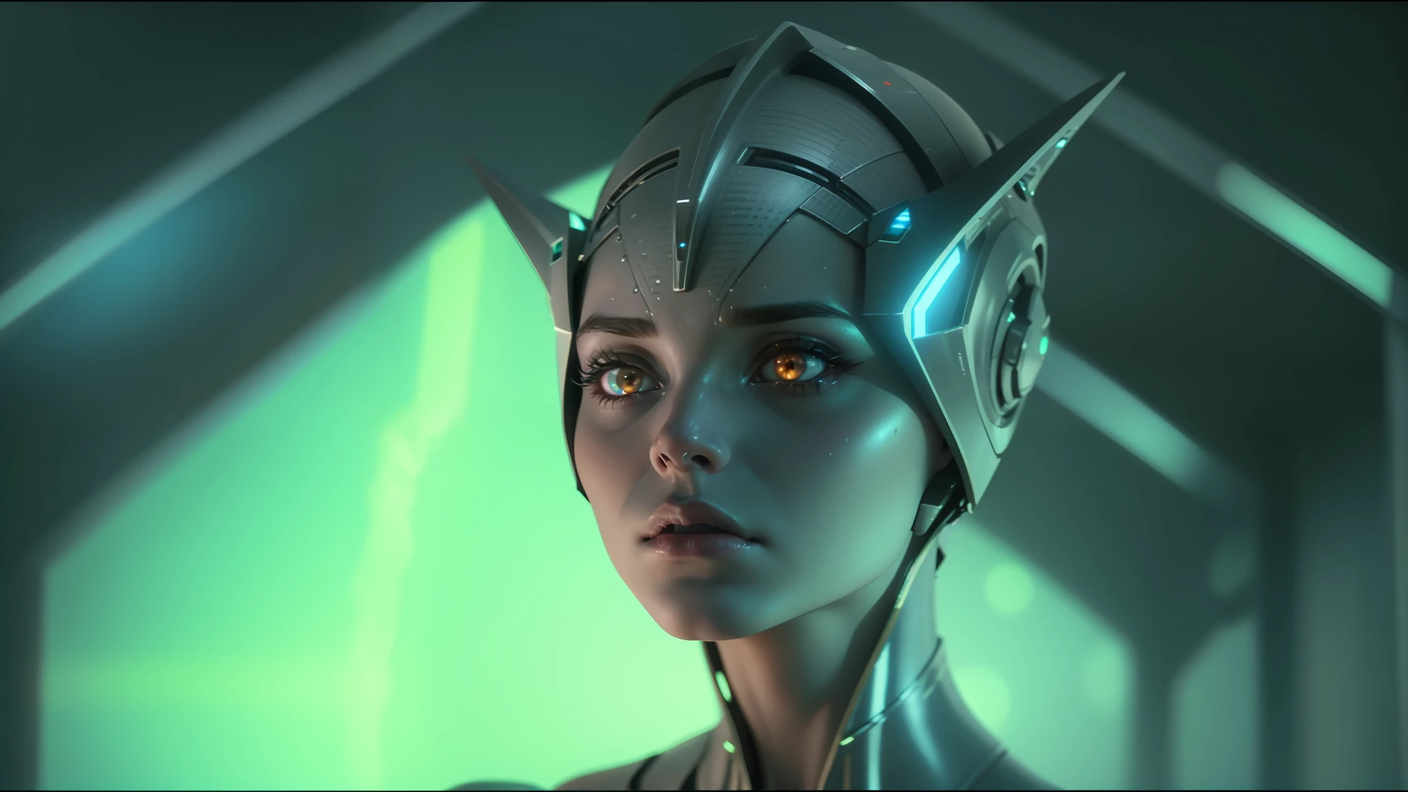a close up of a woman with a helmet on and glowing eyes, movie still of a alien cyborg, movie still of the alien girl, unreal engine render + a goddess, depicted as a scifi scene, from a 2 0 1 9 sci fi 8 k movie, frame from prometheus movie, makeup. unreal engine, cyborg goddess in cosmos --auto --s2