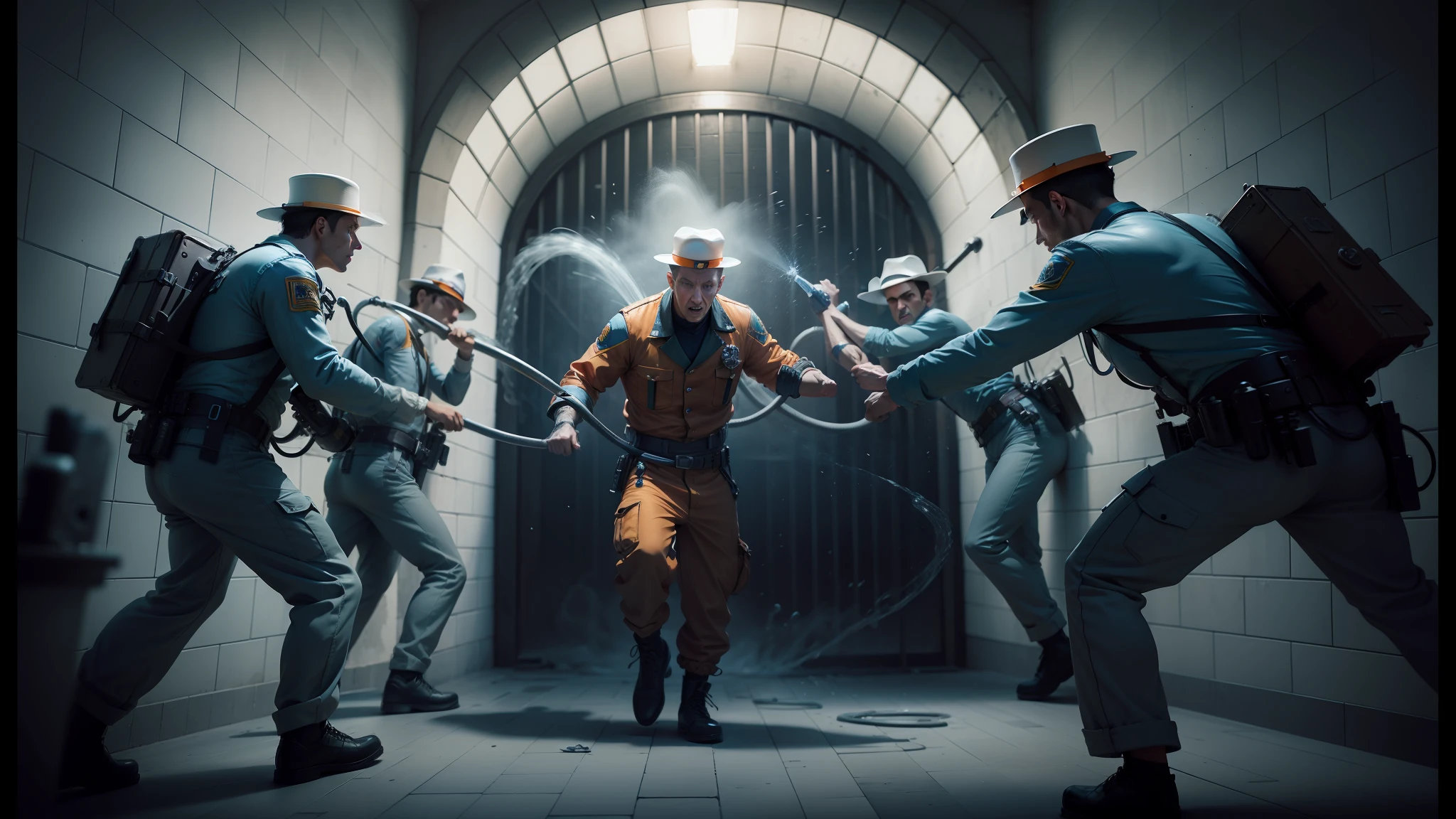 three men in orange and white uniforms are fighting with a hose, hyperrealistic fantasy art, detailed conceptual photography, creative photo manipulation, prisoner, houdini & photoshop, realistic fantasy photography, mind-bending digital art, photorealistic digital arts, best of behance, hyper realistic digital art, hyper realistic digital painting, highly detailed surreal vfx, hyperrealistic 3 d digital art --auto --s2