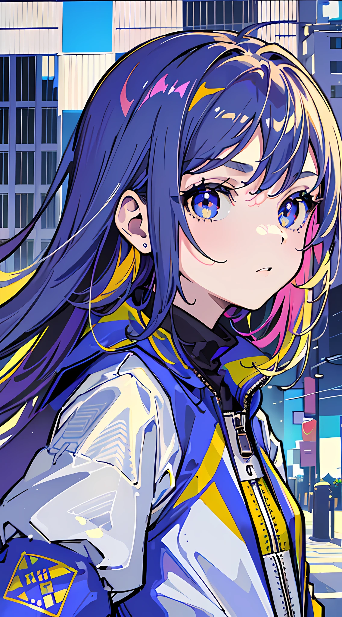 (masterpiece, best quality, 8k, absurdres, street, wind breaker, 1girl:1.3), (upper body:1.6), teen, beautiful face, flat color, high contrast, sharp focus, highres, photography, realistic, ultra detailed, finely detail, delicate facial features, detailed eyes and face, realistic eyes, sharp pupils