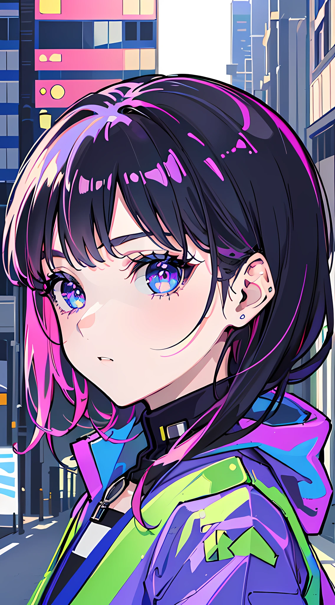 (masterpiece, best quality, 8k, absurdres, street, wind breaker, 1girl:1.3), (upper body:1.6), teen, beautiful face, flat color, high contrast, sharp focus, highres, photography, realistic, ultra detailed, finely detail, delicate facial features, detailed eyes and face, realistic eyes, sharp pupils