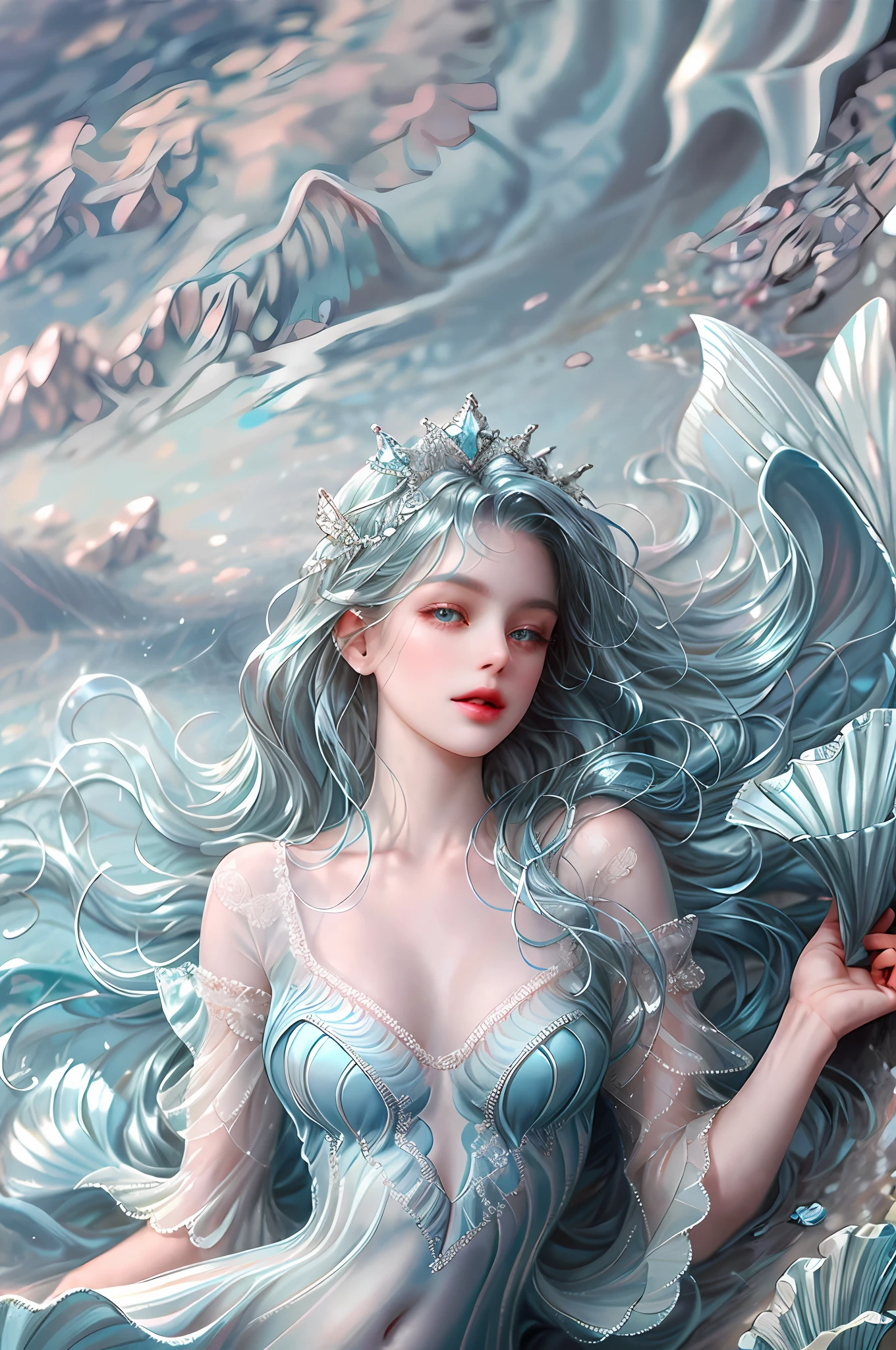 ( High quality , ultra detailed to hand ) water goddess , in the ocean , mermaid tail , ocean blue eyes ( eye detailed ) , light blue hair , long wavy hair , shinning , water creatures , flowers , whole body . Pure and gorgeous . Transparent dress .