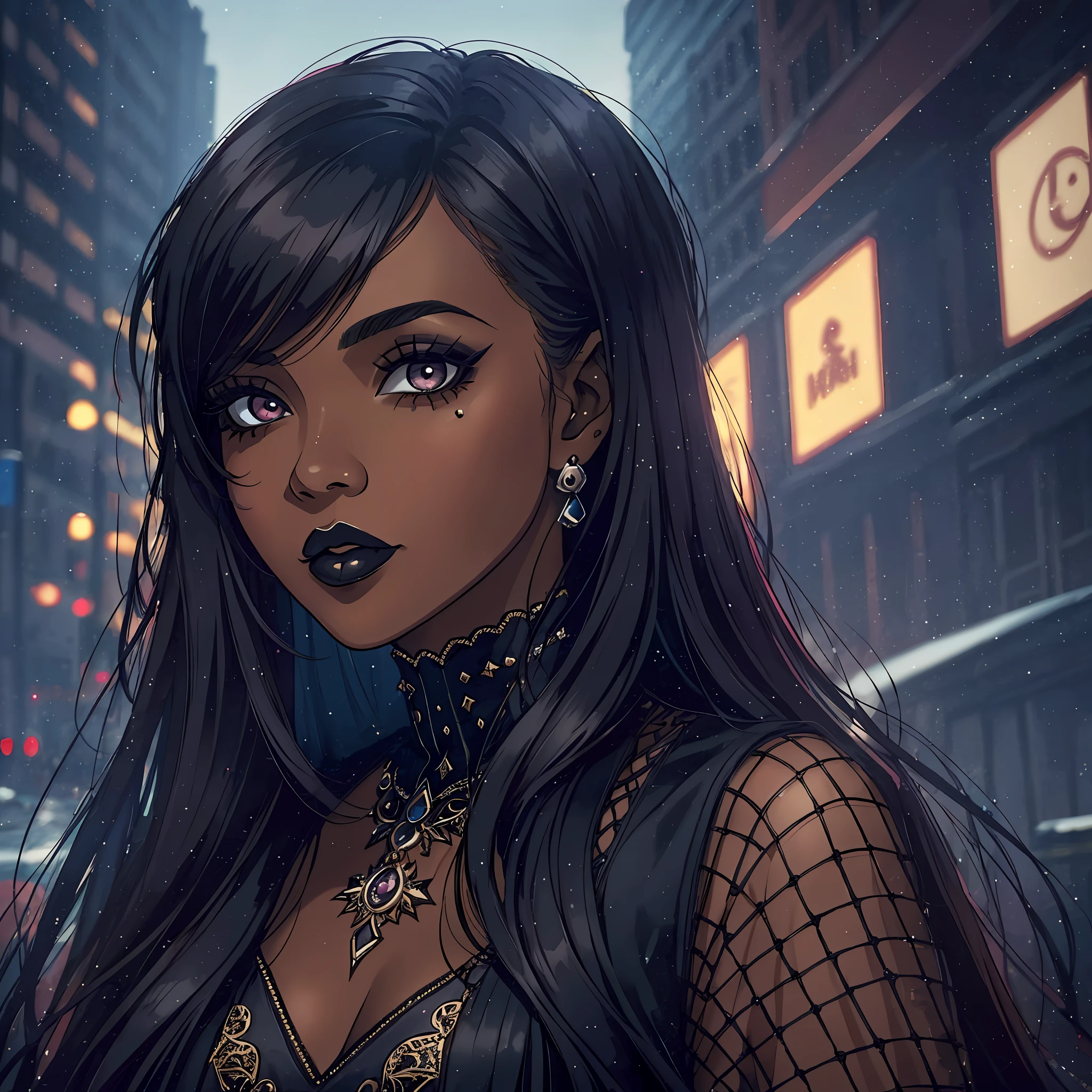 (a young woman:1.2)| (a girl:1.1), dark skin, portrait, makeup, super detailed, Gothic style, city, direct look, contoured.